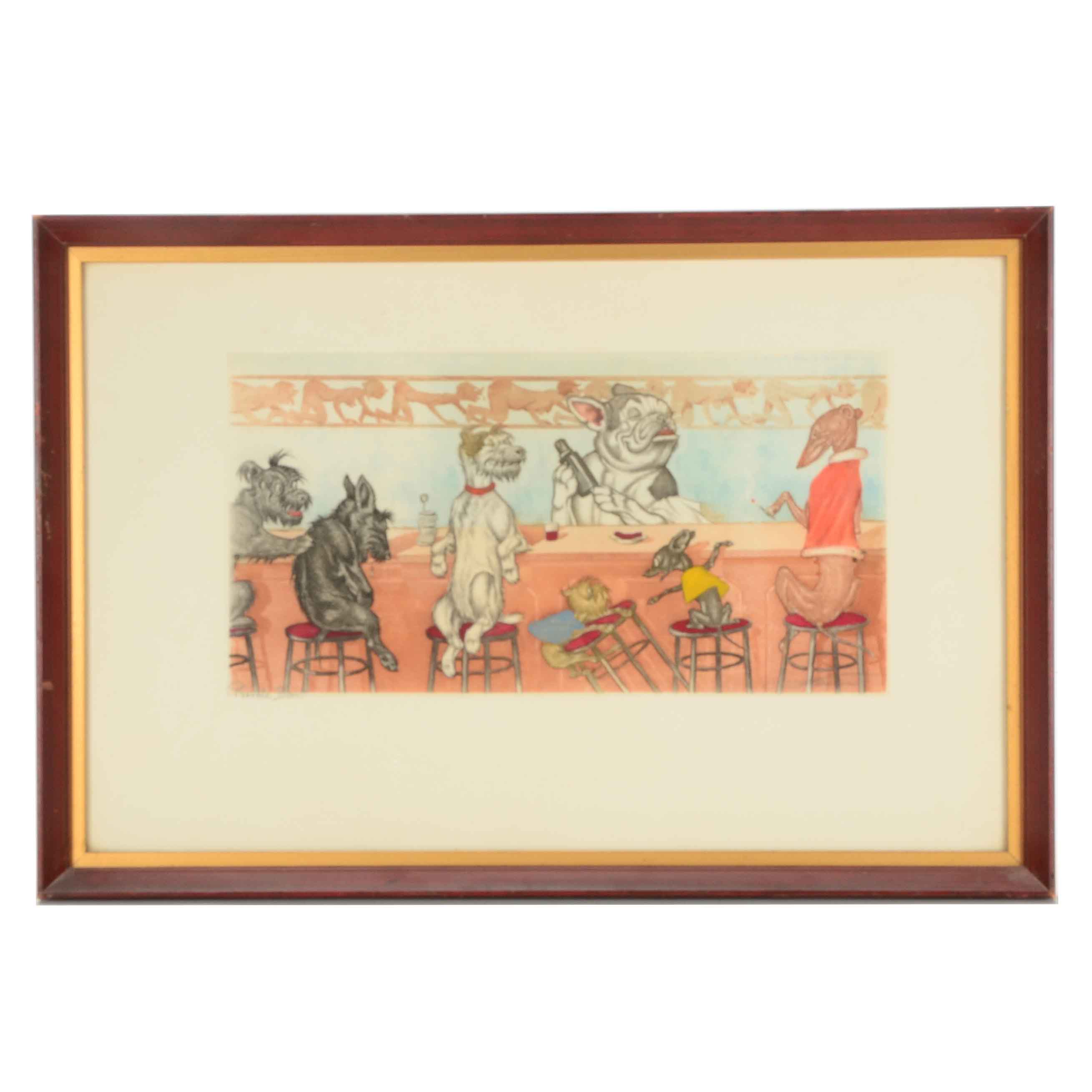 Boris O"Klein Hand-colored Etching with Aquatint "Private Bar"