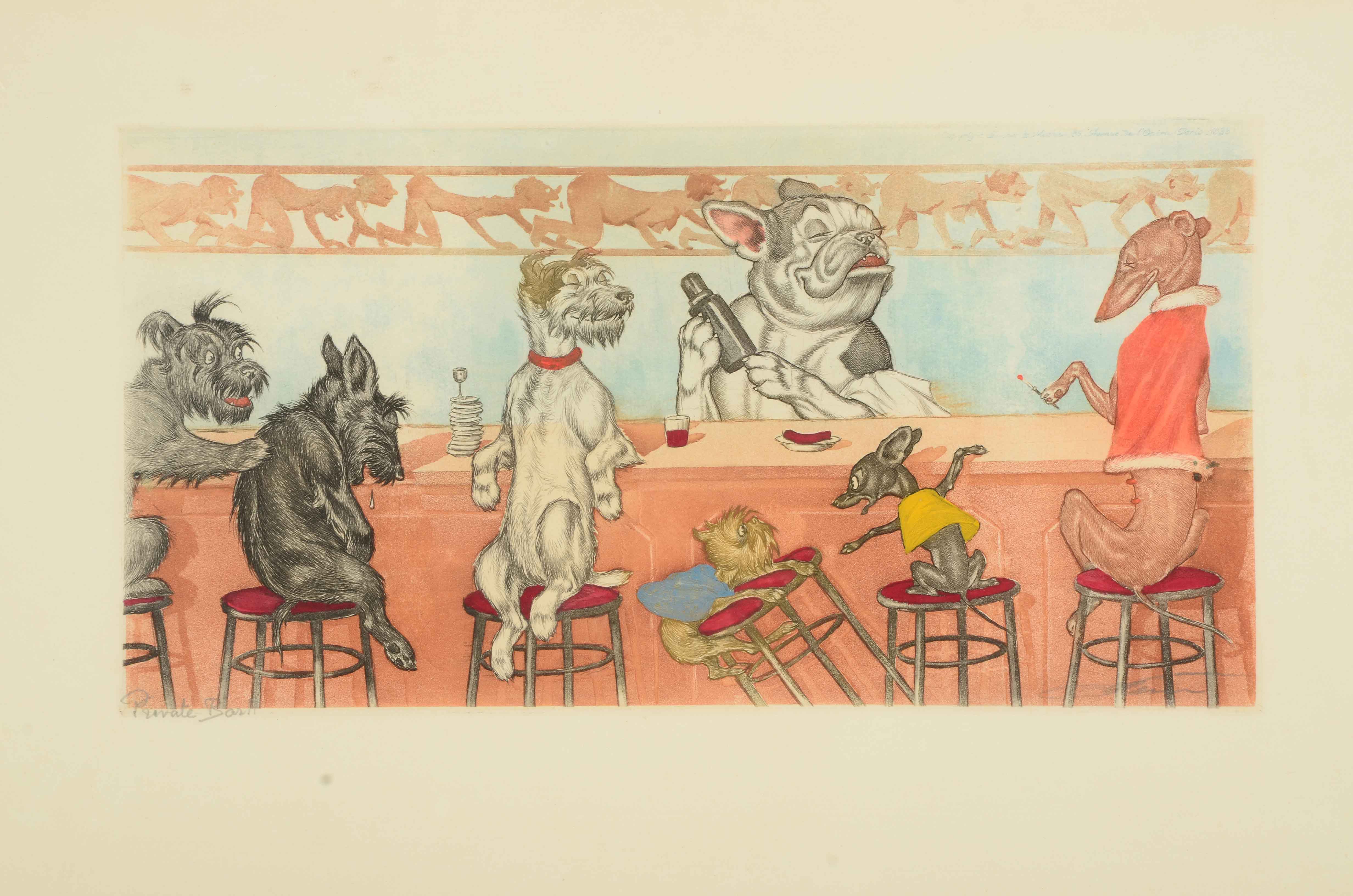 Boris O"Klein Hand-colored Etching with Aquatint "Private Bar"