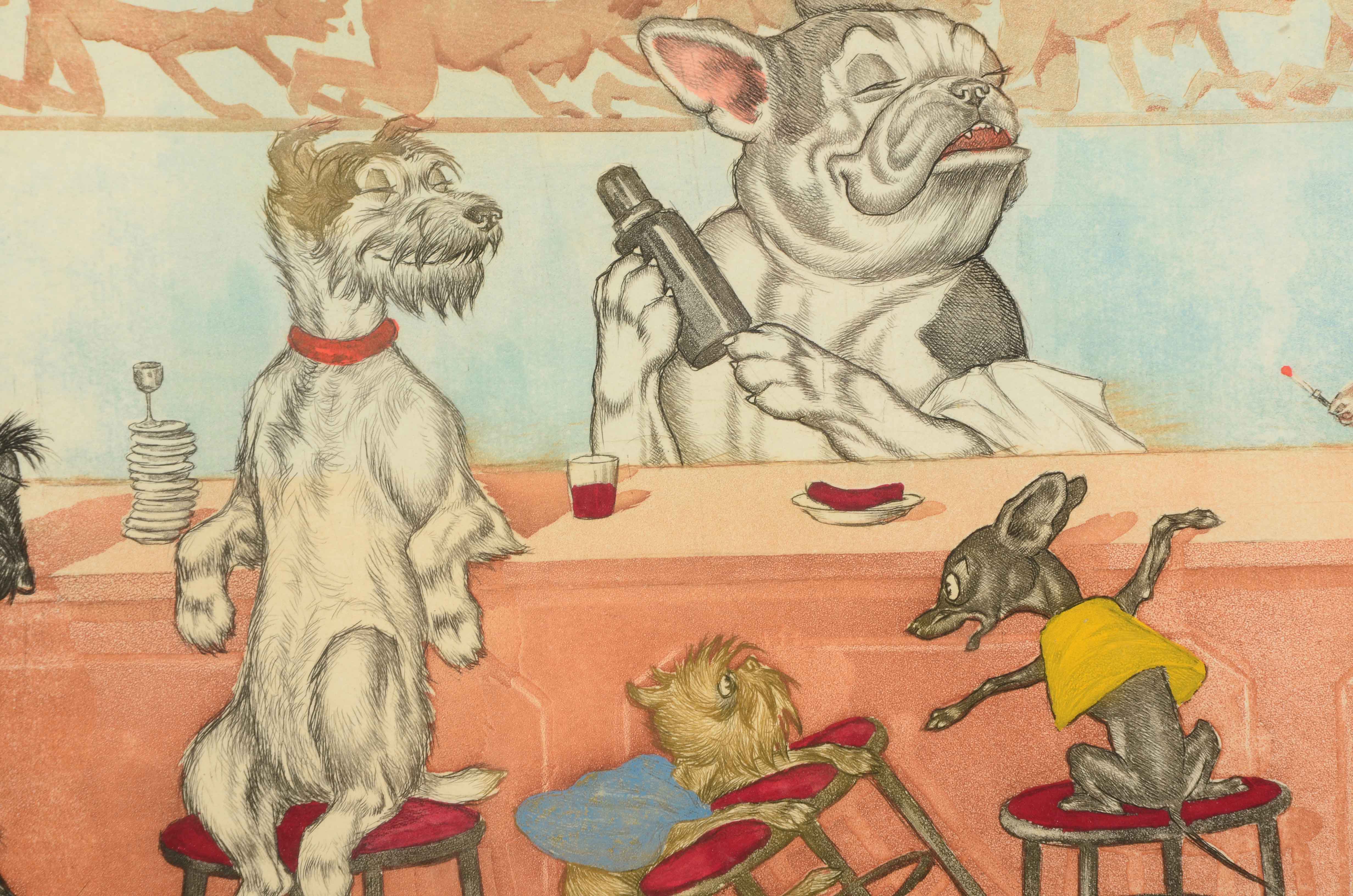 Boris O"Klein Hand-colored Etching with Aquatint "Private Bar"