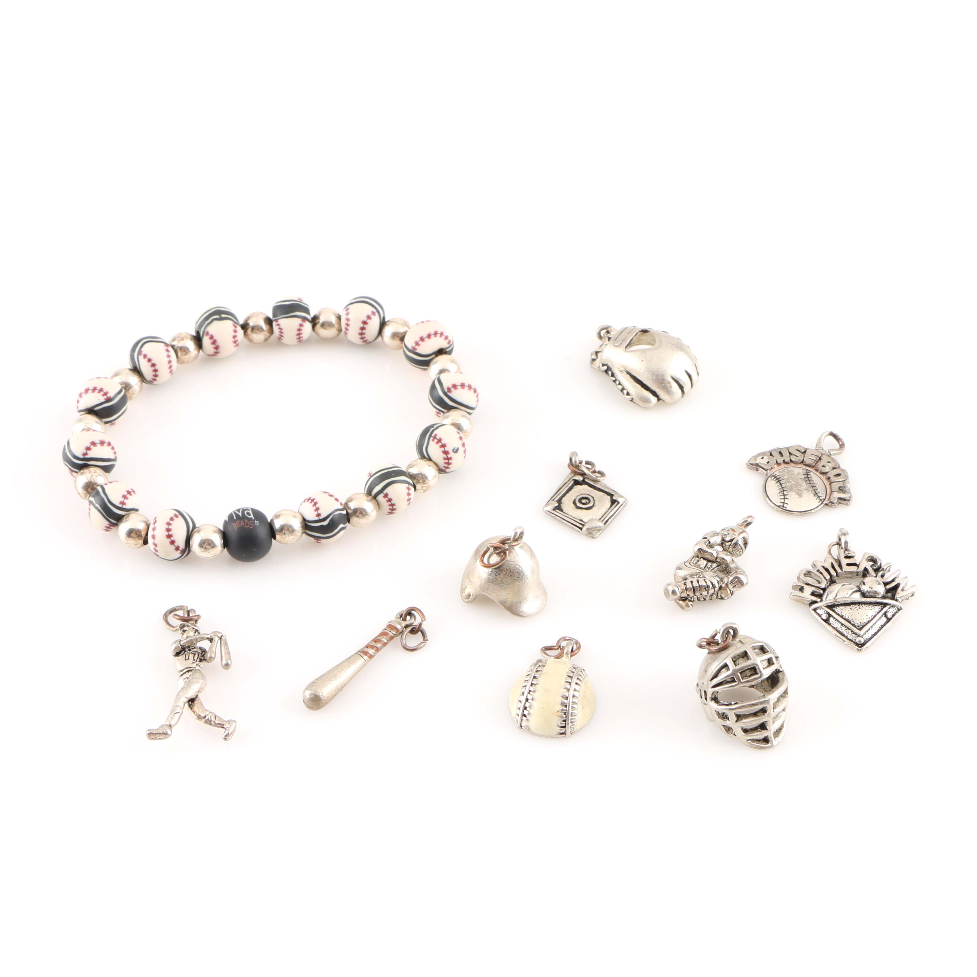 Assortment of Baseball Charms and Bracelet