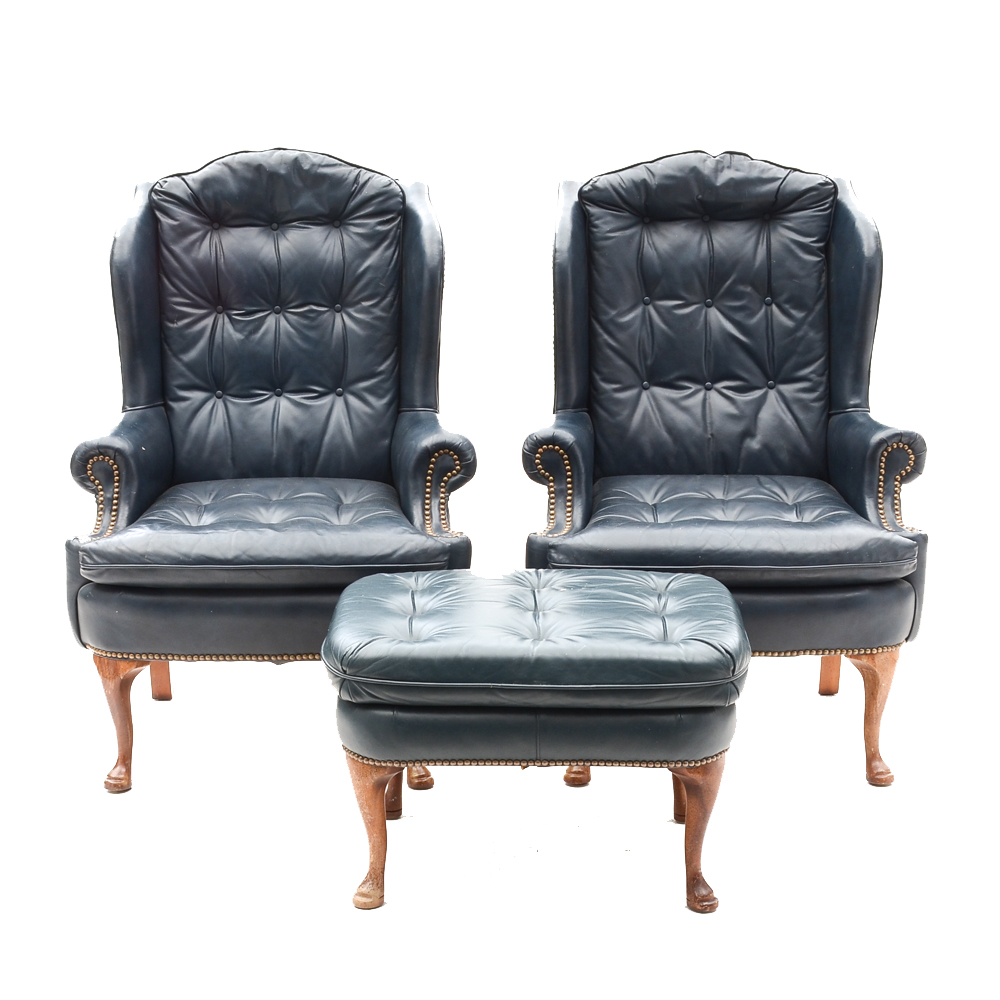 Pair of Vintage Blue Leather Wing-Back Armchairs with Ottoman