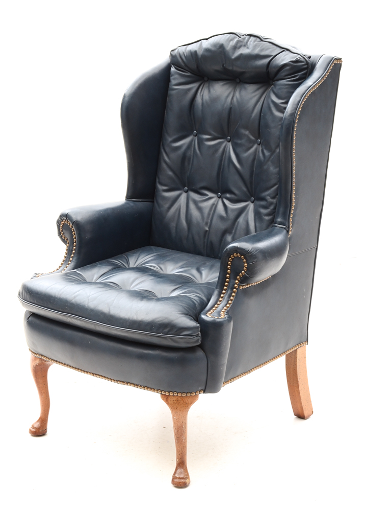 Pair of Vintage Blue Leather Wing-Back Armchairs with Ottoman