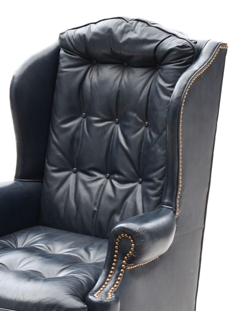 Pair of Vintage Blue Leather Wing-Back Armchairs with Ottoman