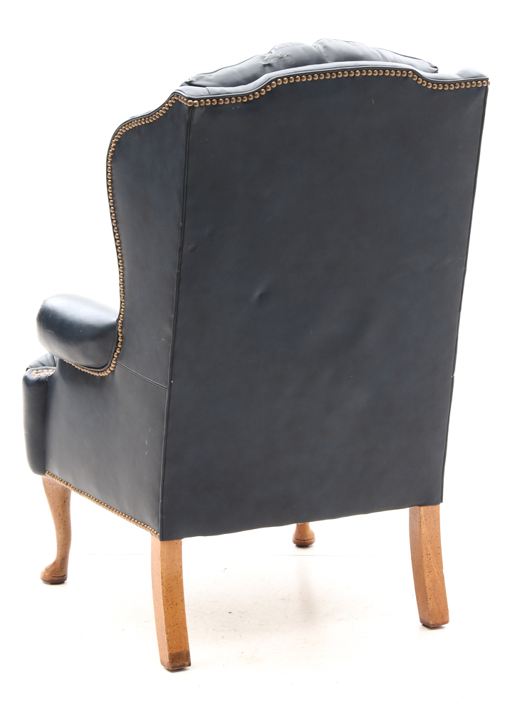 Pair of Vintage Blue Leather Wing-Back Armchairs with Ottoman