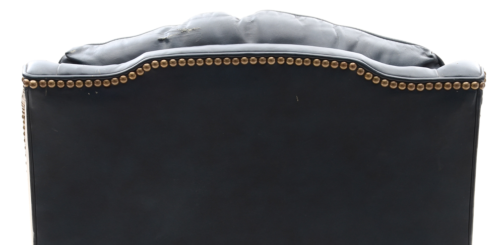 Pair of Vintage Blue Leather Wing-Back Armchairs with Ottoman