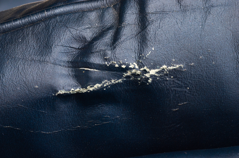 Pair of Vintage Blue Leather Wing-Back Armchairs with Ottoman