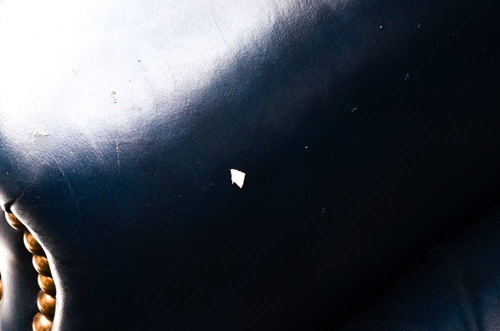 Pair of Vintage Blue Leather Wing-Back Armchairs with Ottoman