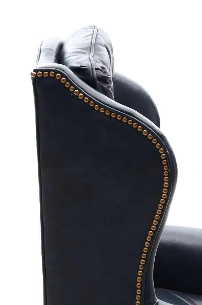 Pair of Vintage Blue Leather Wing-Back Armchairs with Ottoman