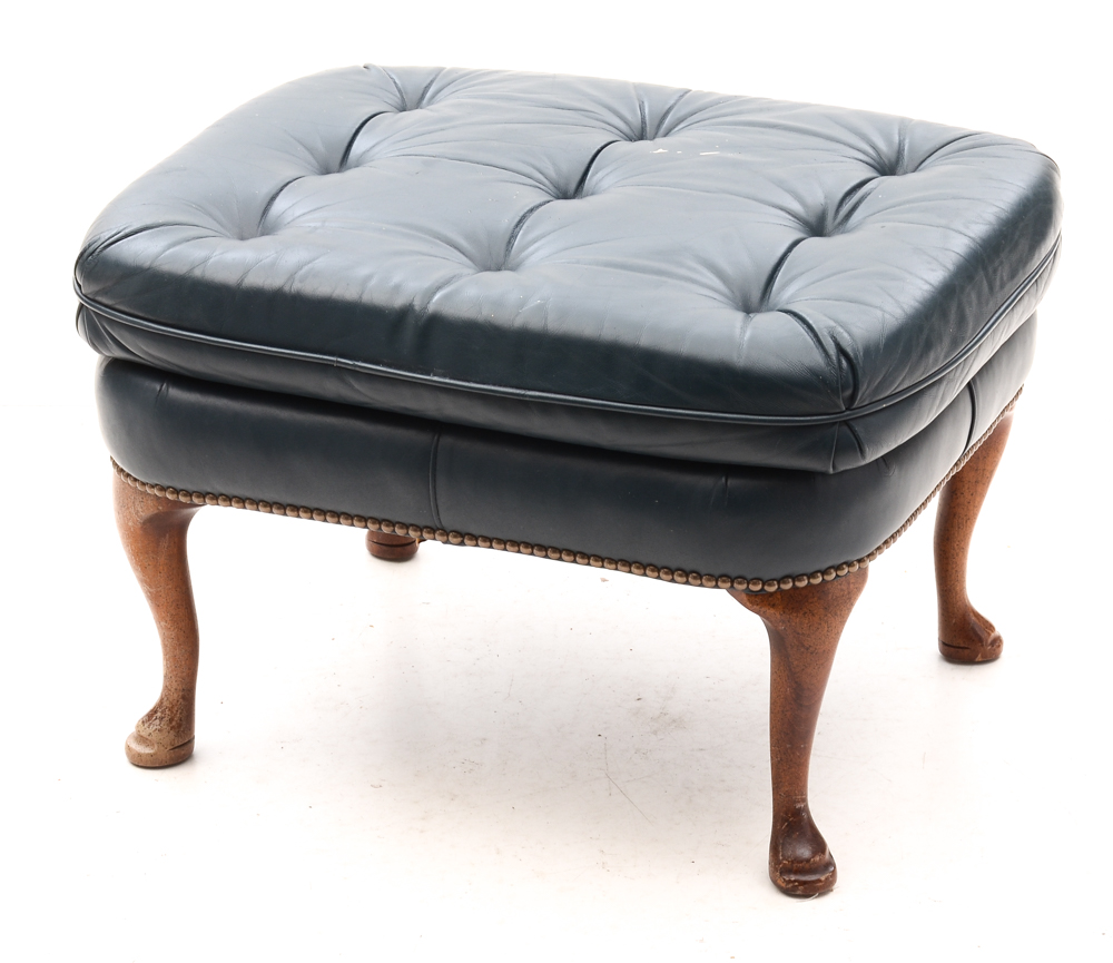 Pair of Vintage Blue Leather Wing-Back Armchairs with Ottoman