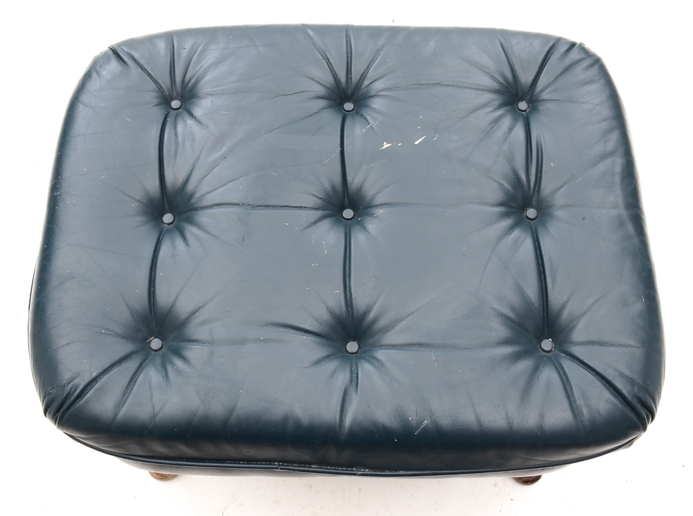 Pair of Vintage Blue Leather Wing-Back Armchairs with Ottoman