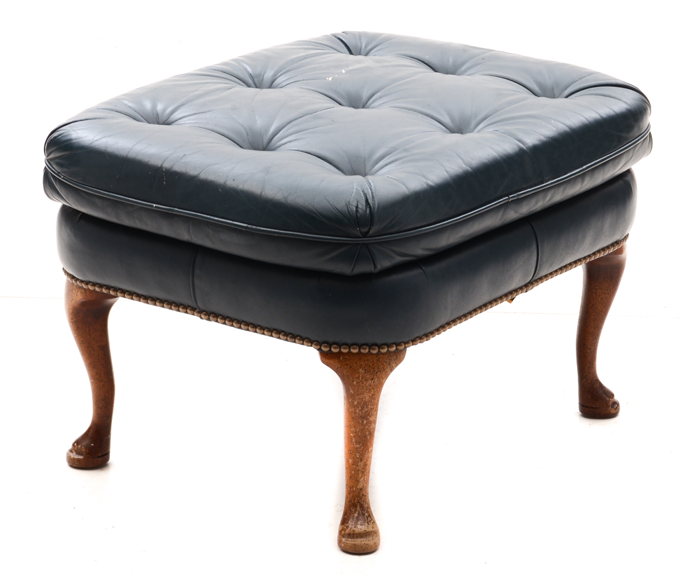 Pair of Vintage Blue Leather Wing-Back Armchairs with Ottoman