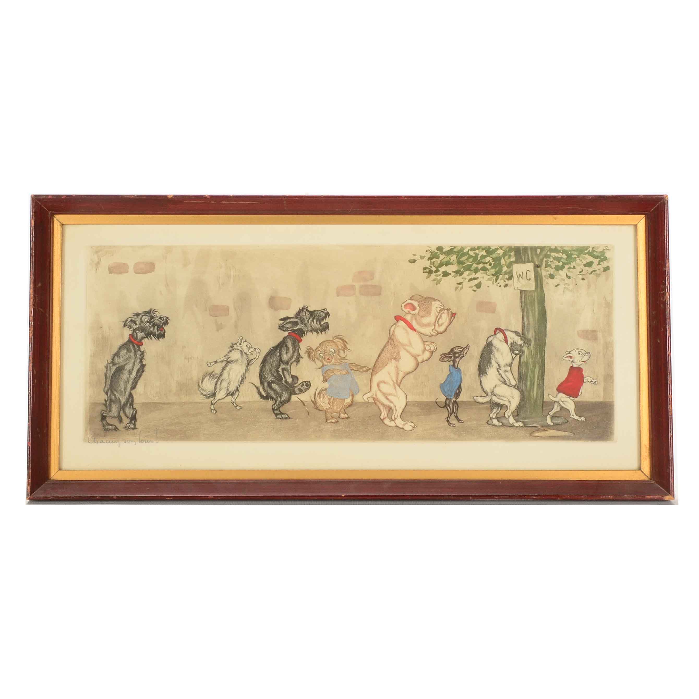 Boris O'Klein Hand Colored Etching with Aquatint "Sacun son Tour"