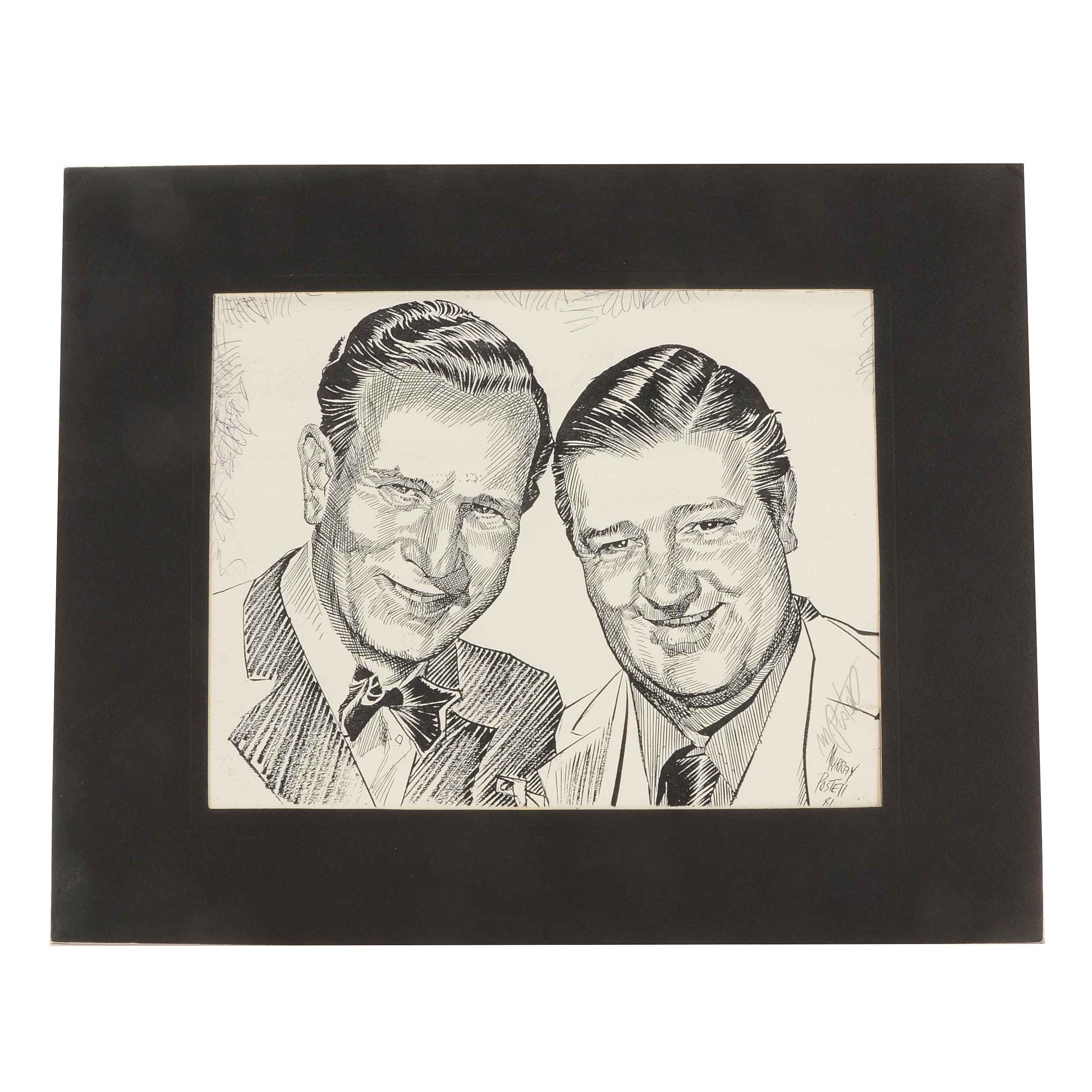 Murray Postell Signed Print after a Drawing of Abbott and Costello