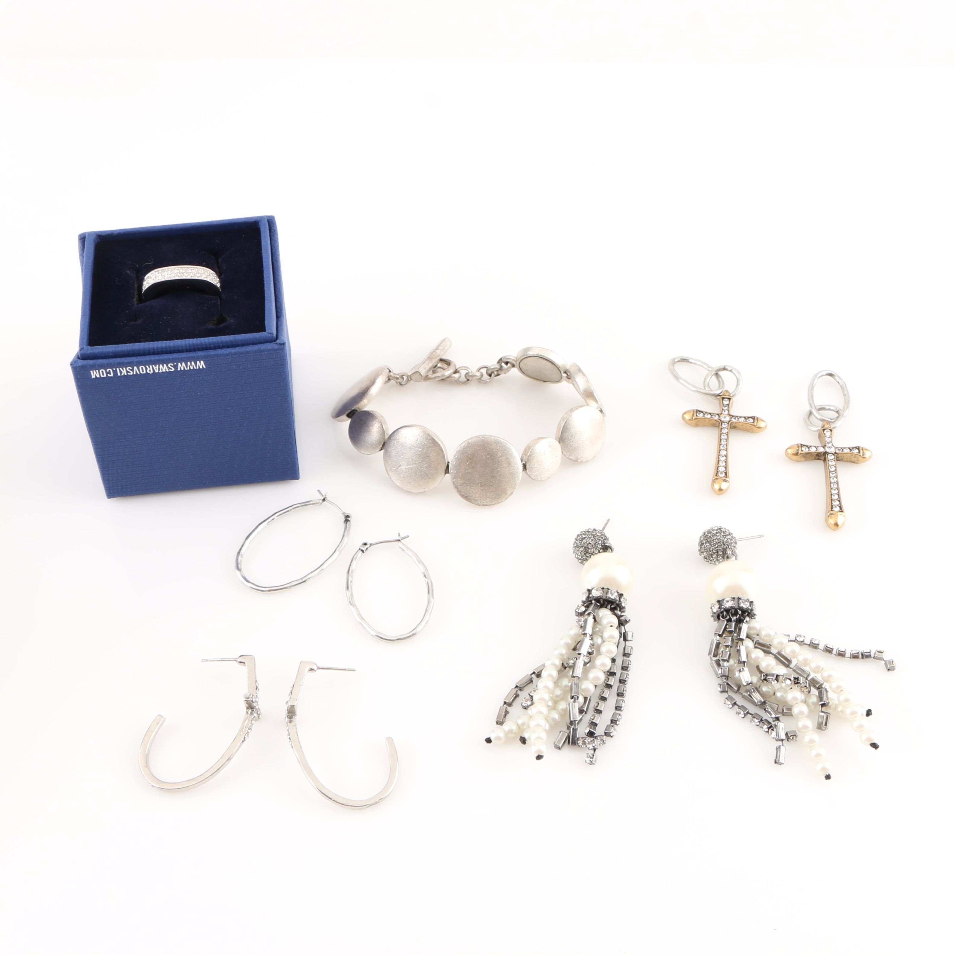 Assortment of Silver and Gold Tone Jewelry Including Swarovski Crystal Ring