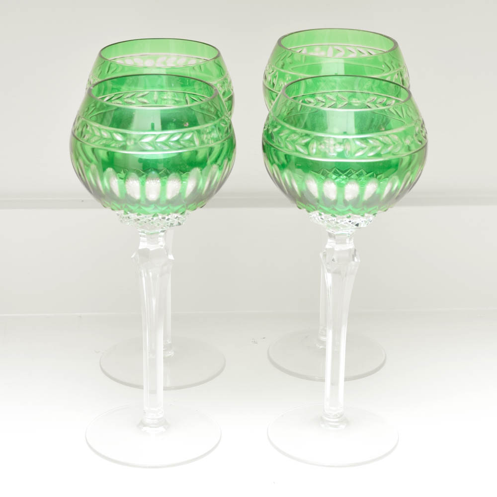 Wedgwood "Crown Emerald" Cased Cut to Clear Crystal Hock Wine Glasses