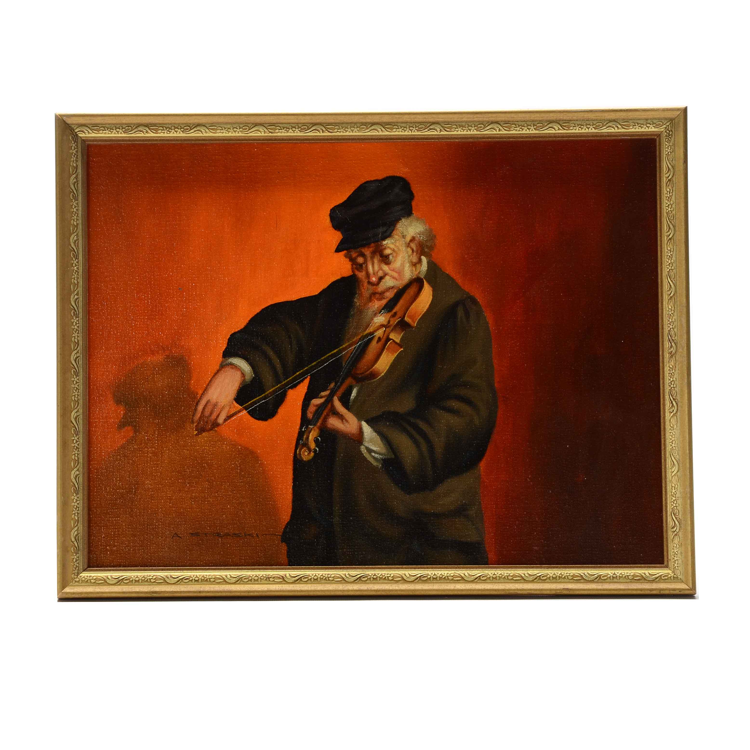 Abraham Straski Oil on Canvas Paiting on Man Playing Violin