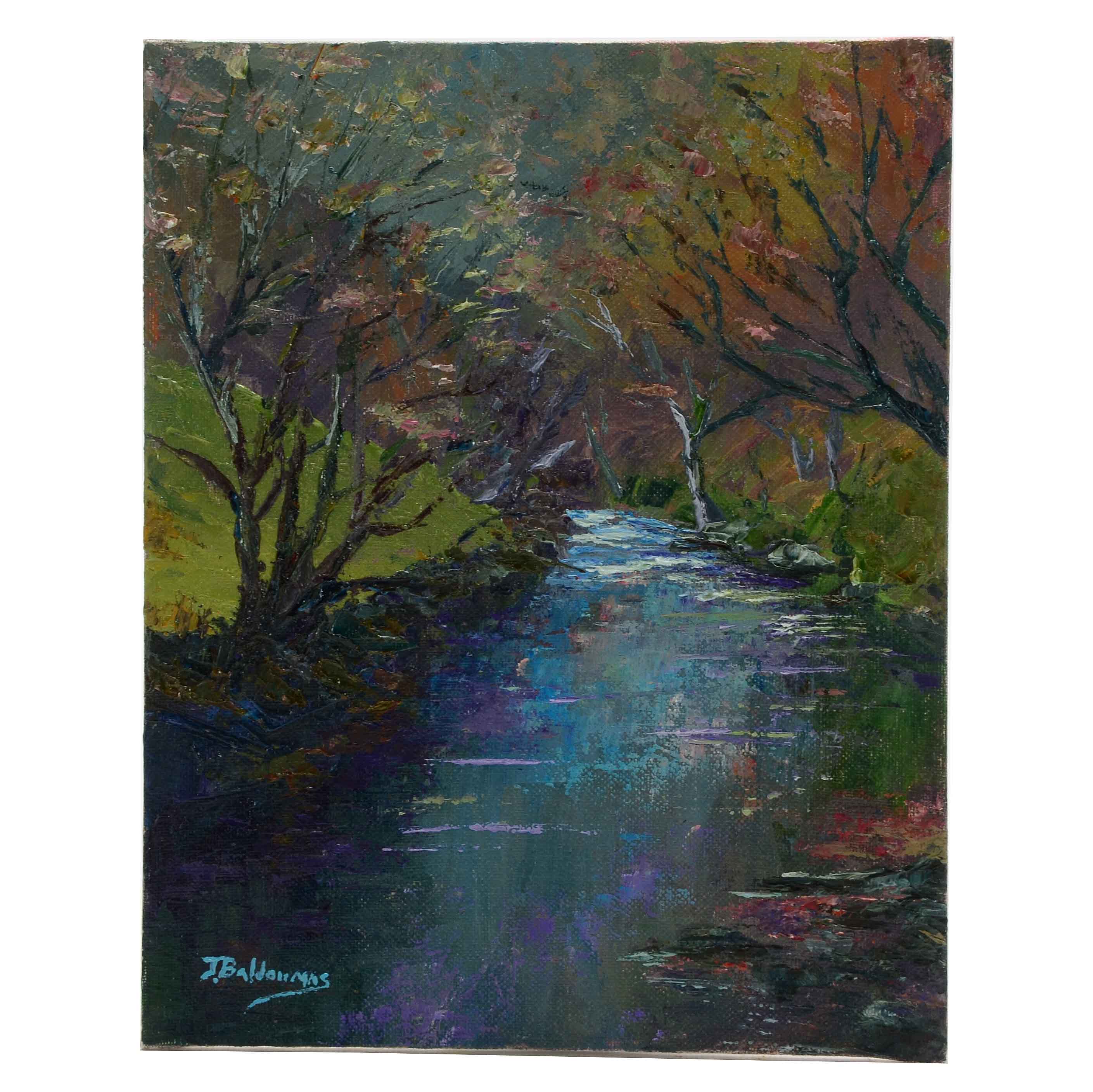 James Baldoumas Signed Oil Painting on Board "Spring Stream"