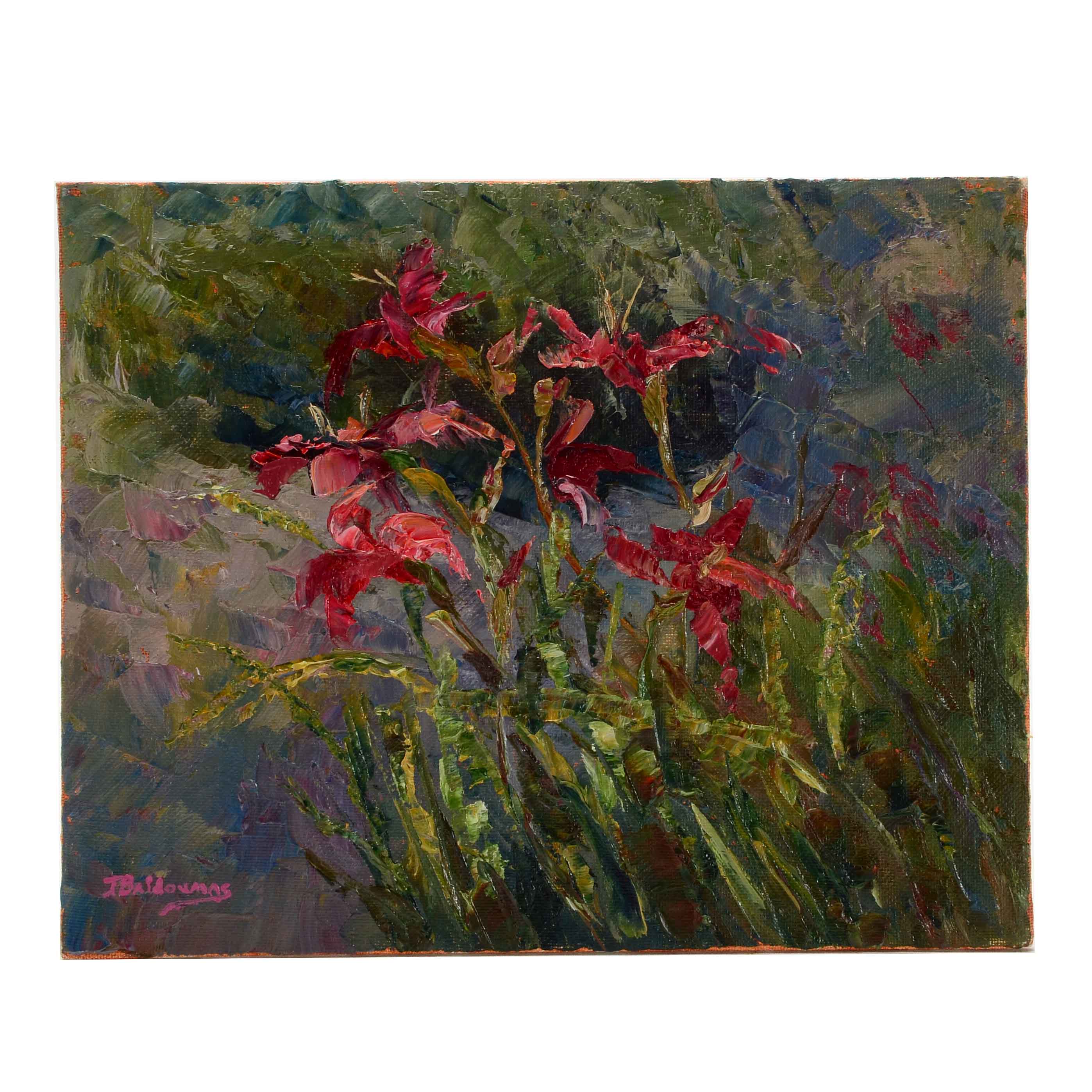 James Baldoumas Signed Oil Painting on Board "Daylilies"