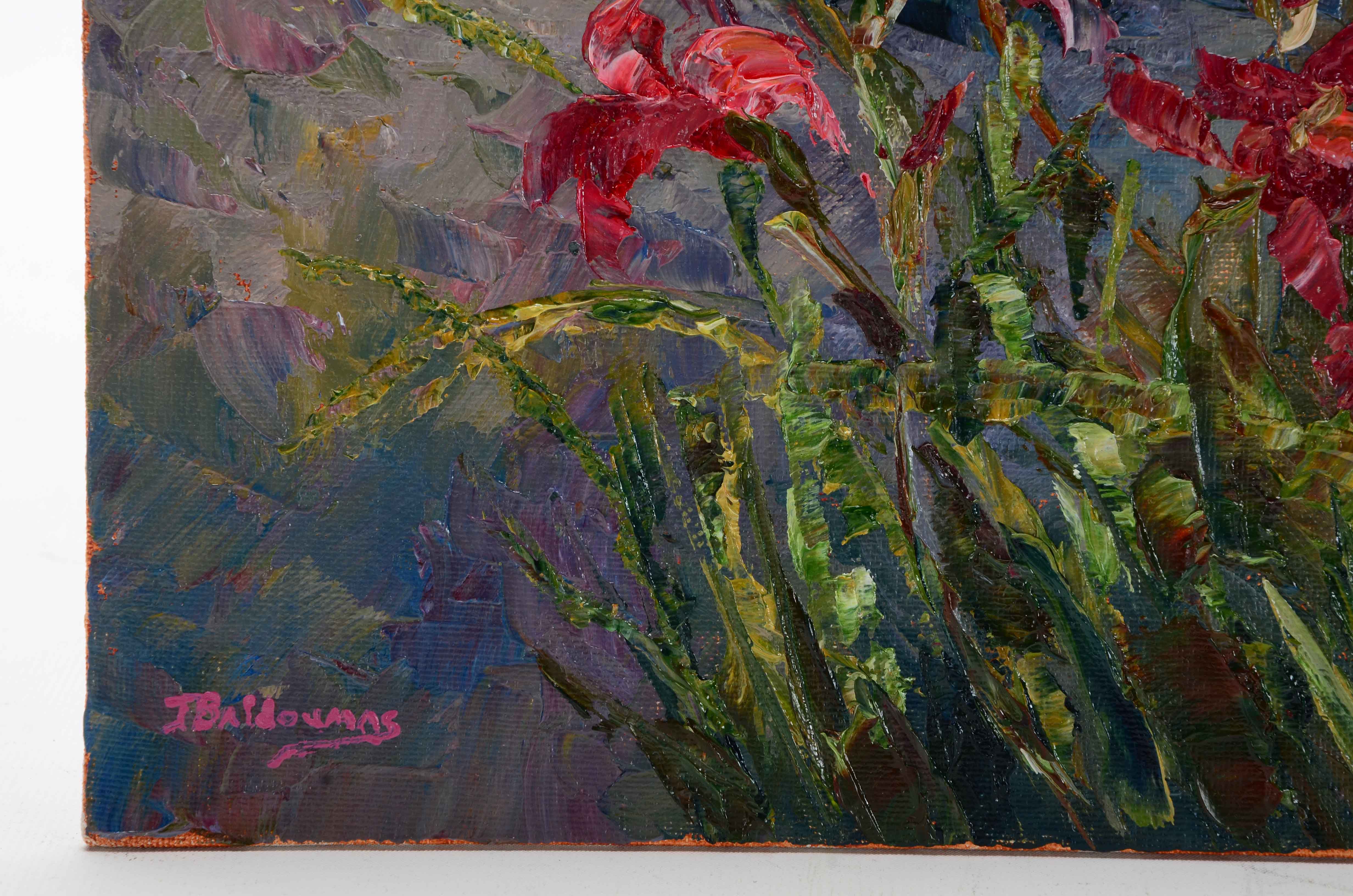 James Baldoumas Signed Oil Painting on Board "Daylilies"