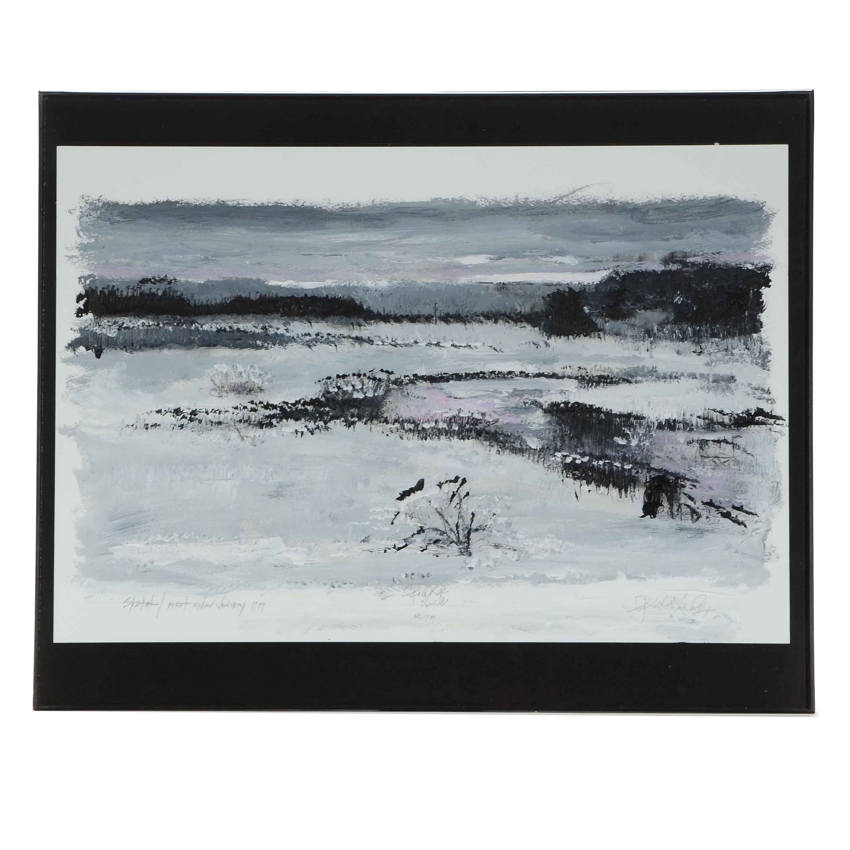 Robert R. Lackney Signed Acrylic Landscape Painting "First Snow January 1999"