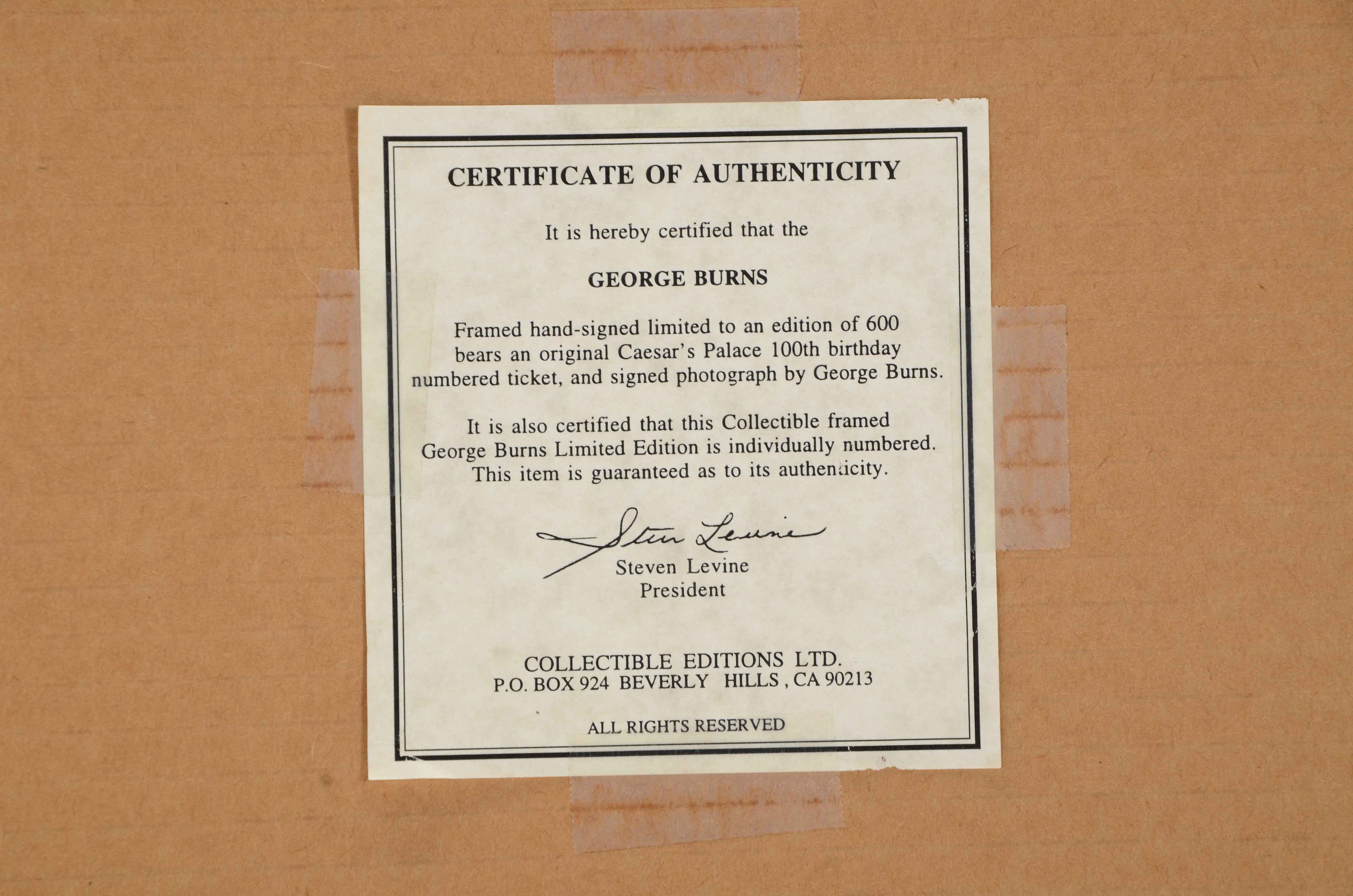 George Burns Autographed Photograph and Event Ticket