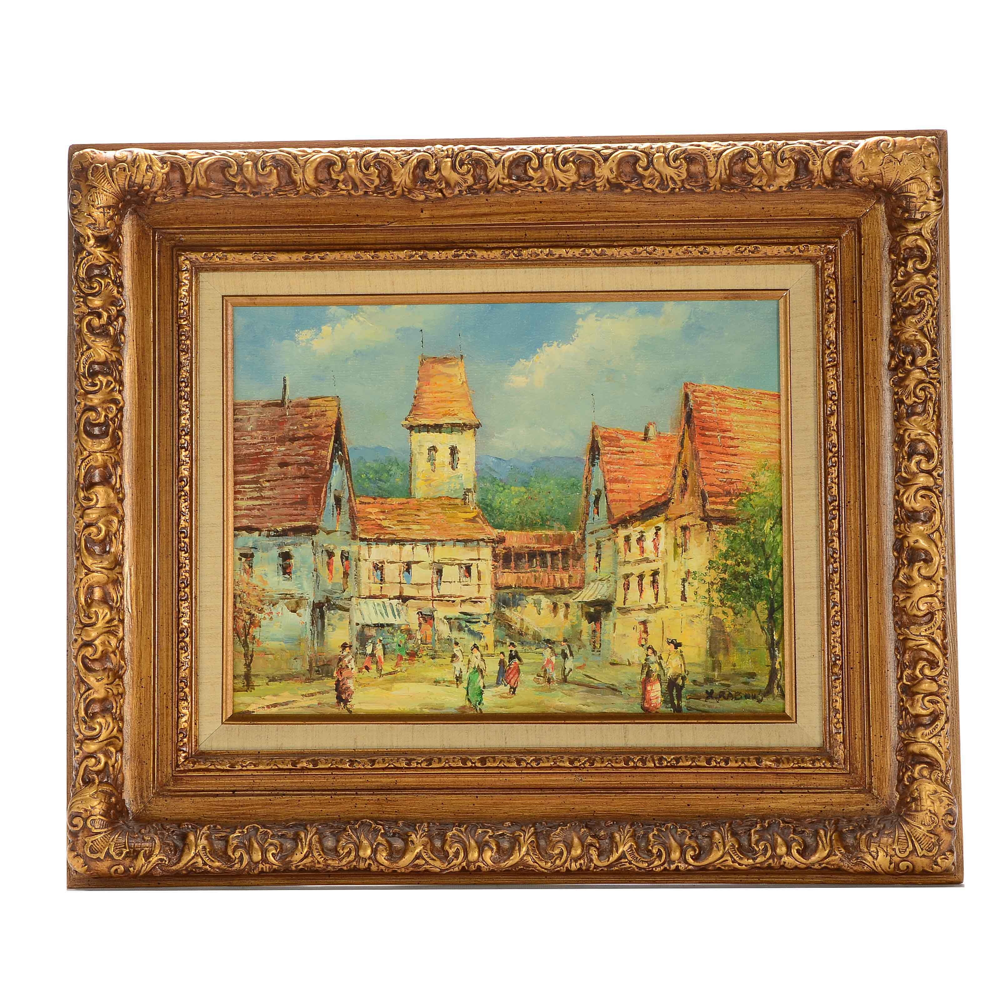 Xavier Rabous Oil on Canvas Painting of a Town Square