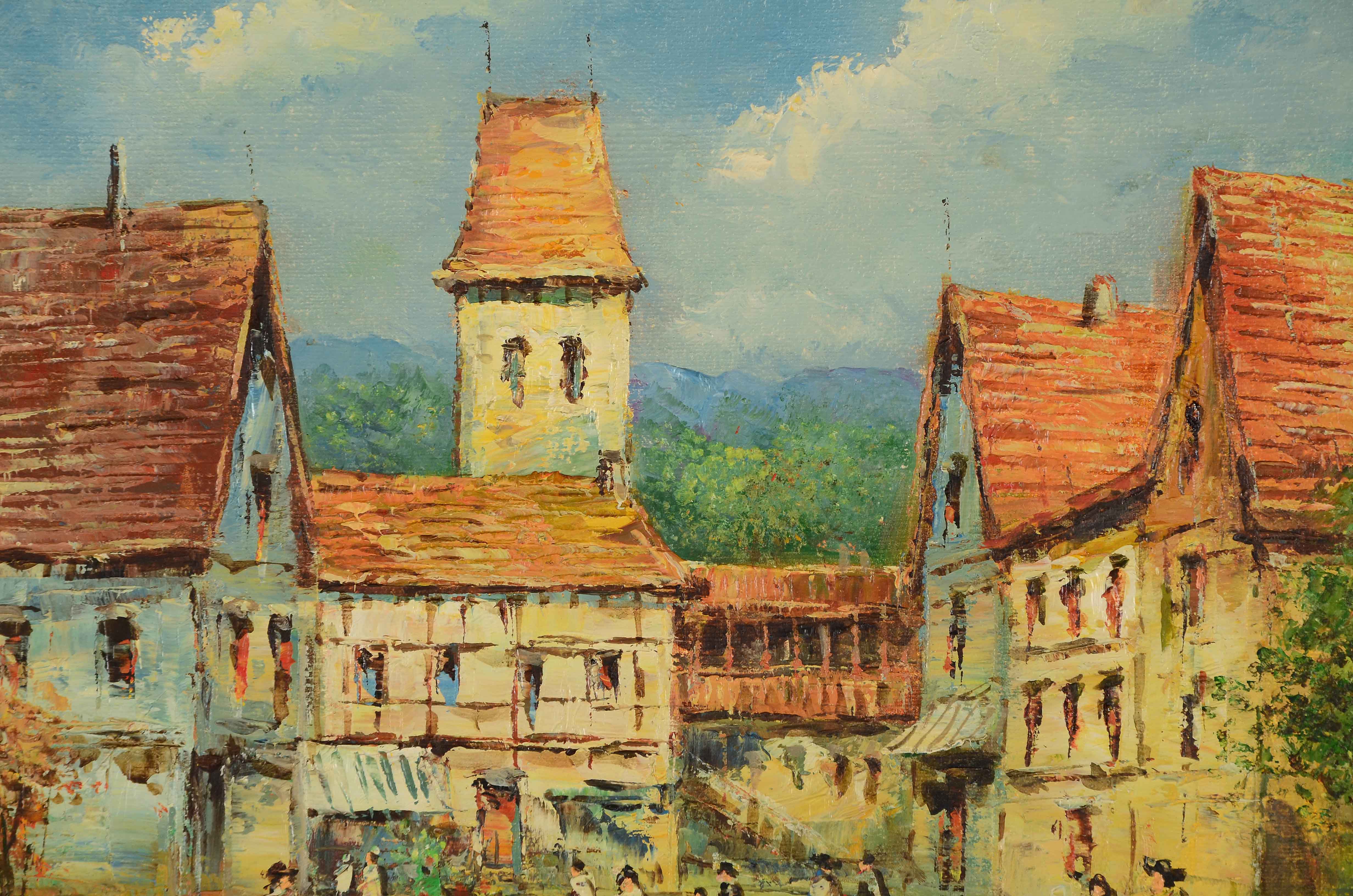 Xavier Rabous Oil on Canvas Painting of a Town Square