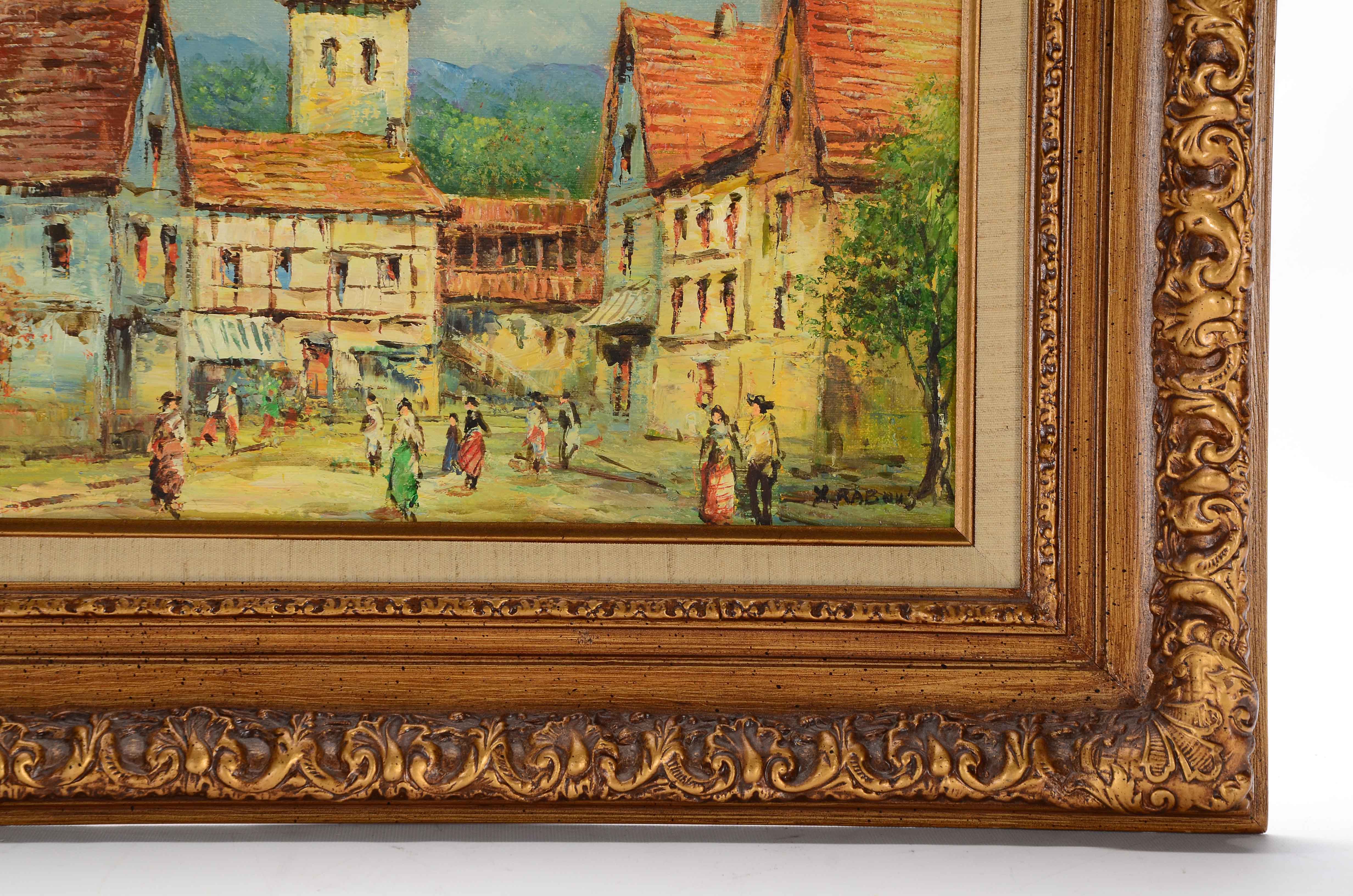 Xavier Rabous Oil on Canvas Painting of a Town Square