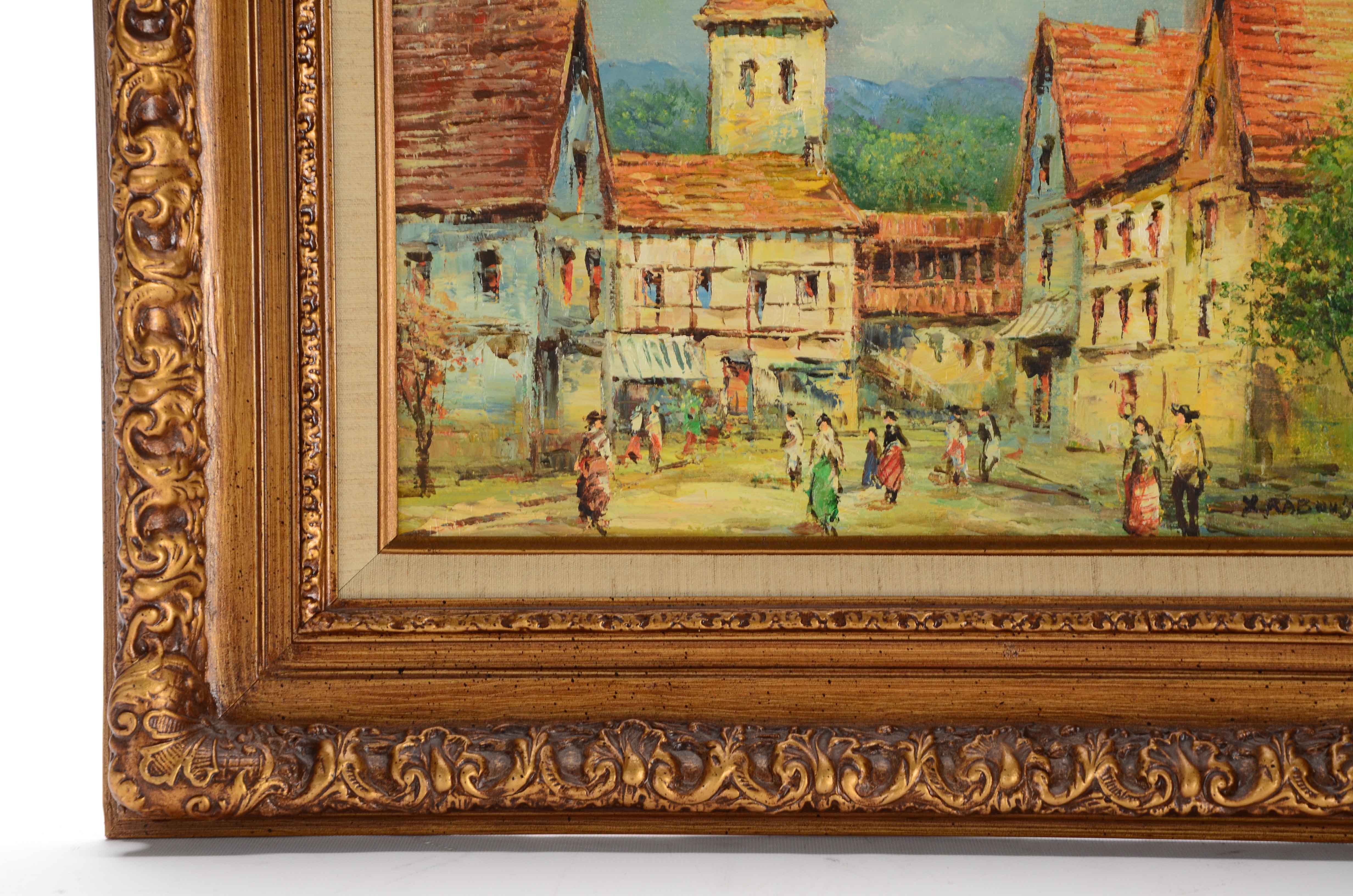 Xavier Rabous Oil on Canvas Painting of a Town Square