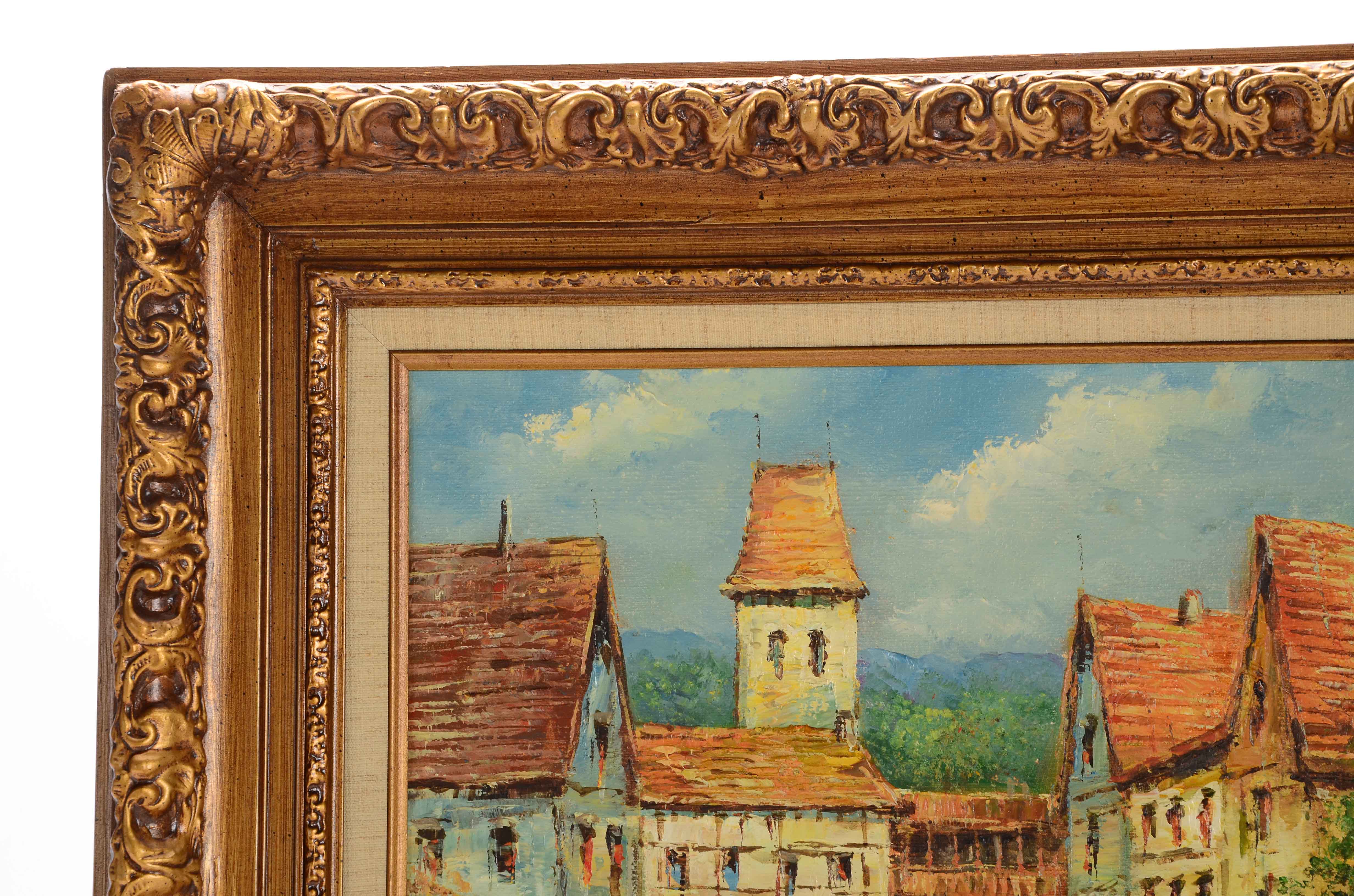 Xavier Rabous Oil on Canvas Painting of a Town Square