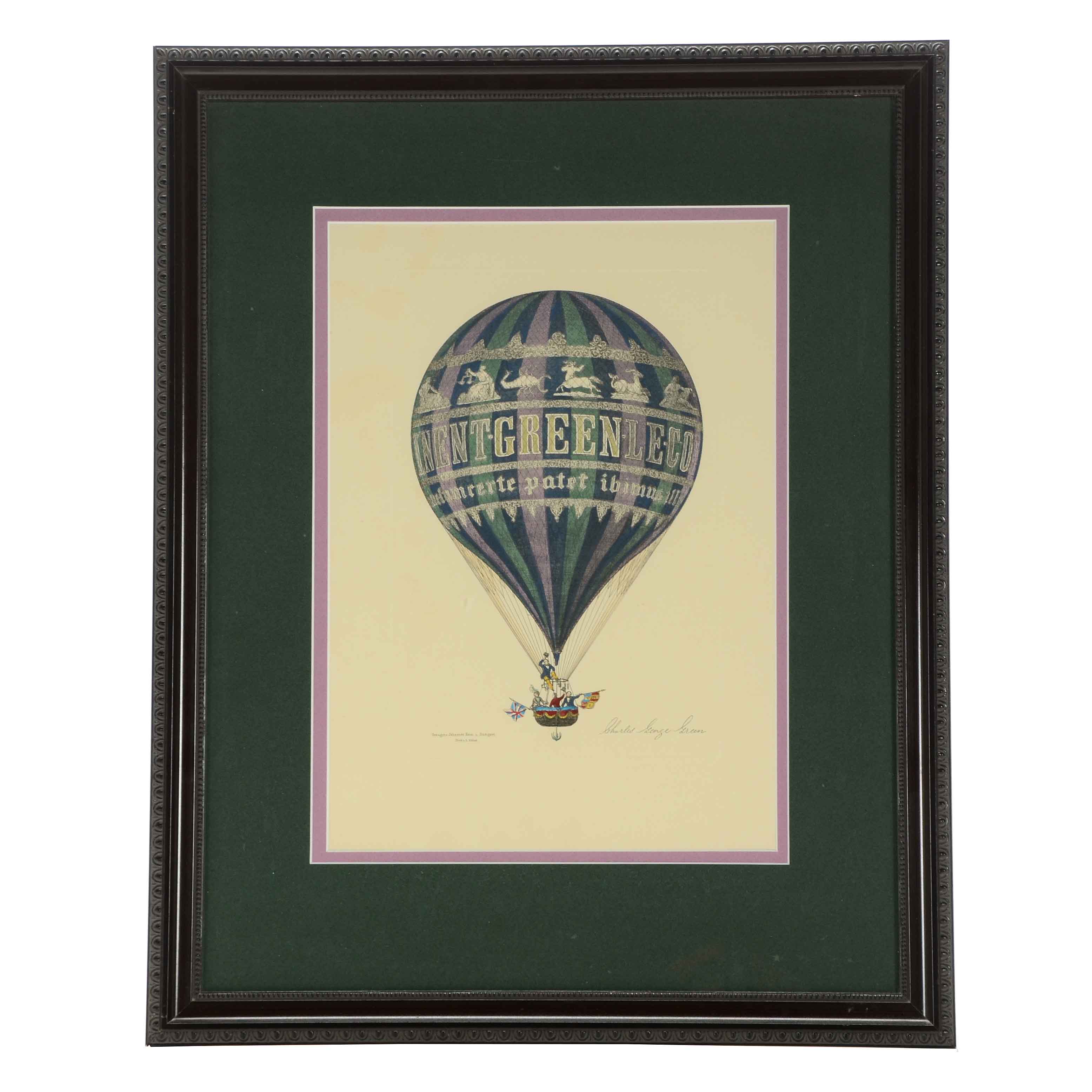 Hand-Colored Engraving of Hot Air Balloon of Charles George Green