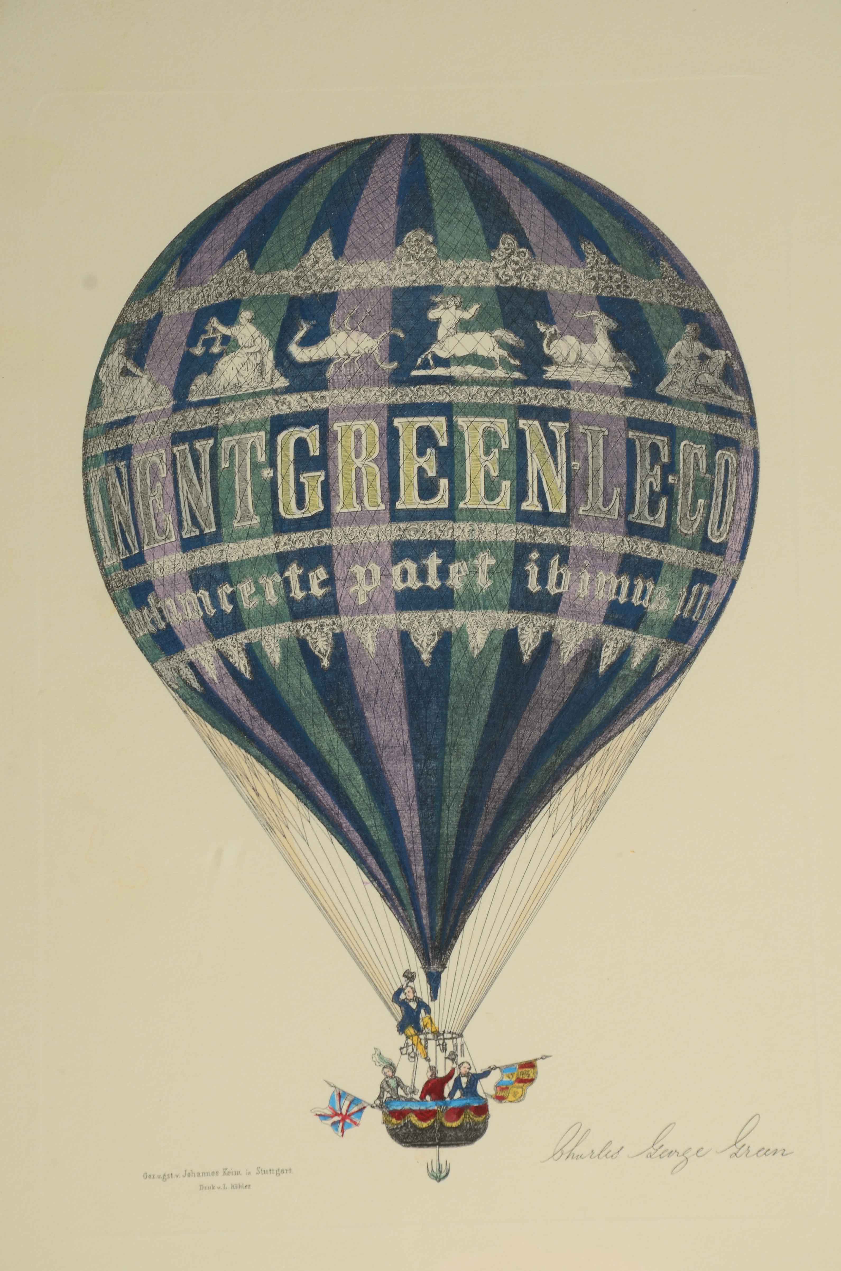 Hand-Colored Engraving of Hot Air Balloon of Charles George Green