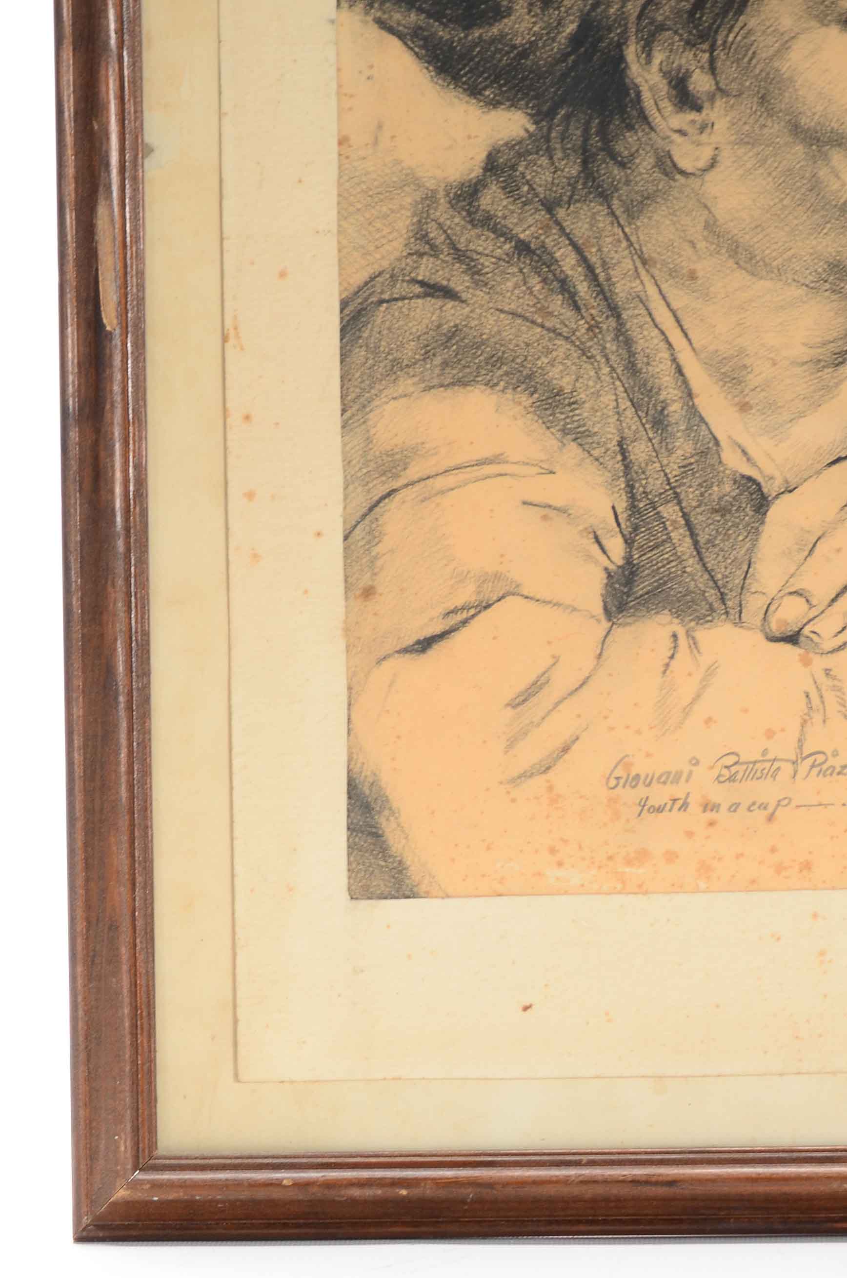 Vintage Signed Copy Drawing after Giovani Battiste Piazetta "Youth in a Cap"