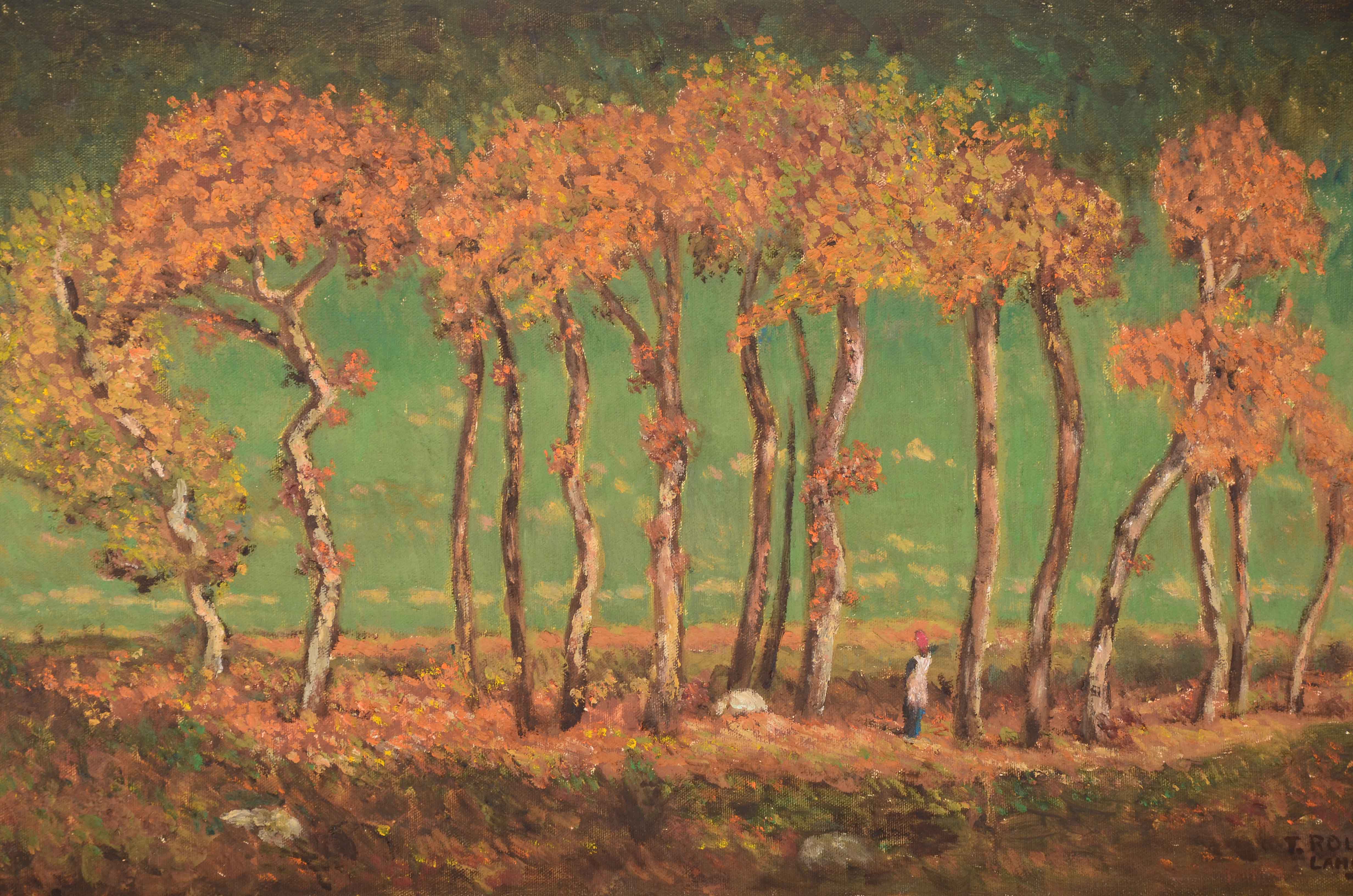 Signed Copy Painting after Theodore Rousseau "Under the Birches, Evening"
