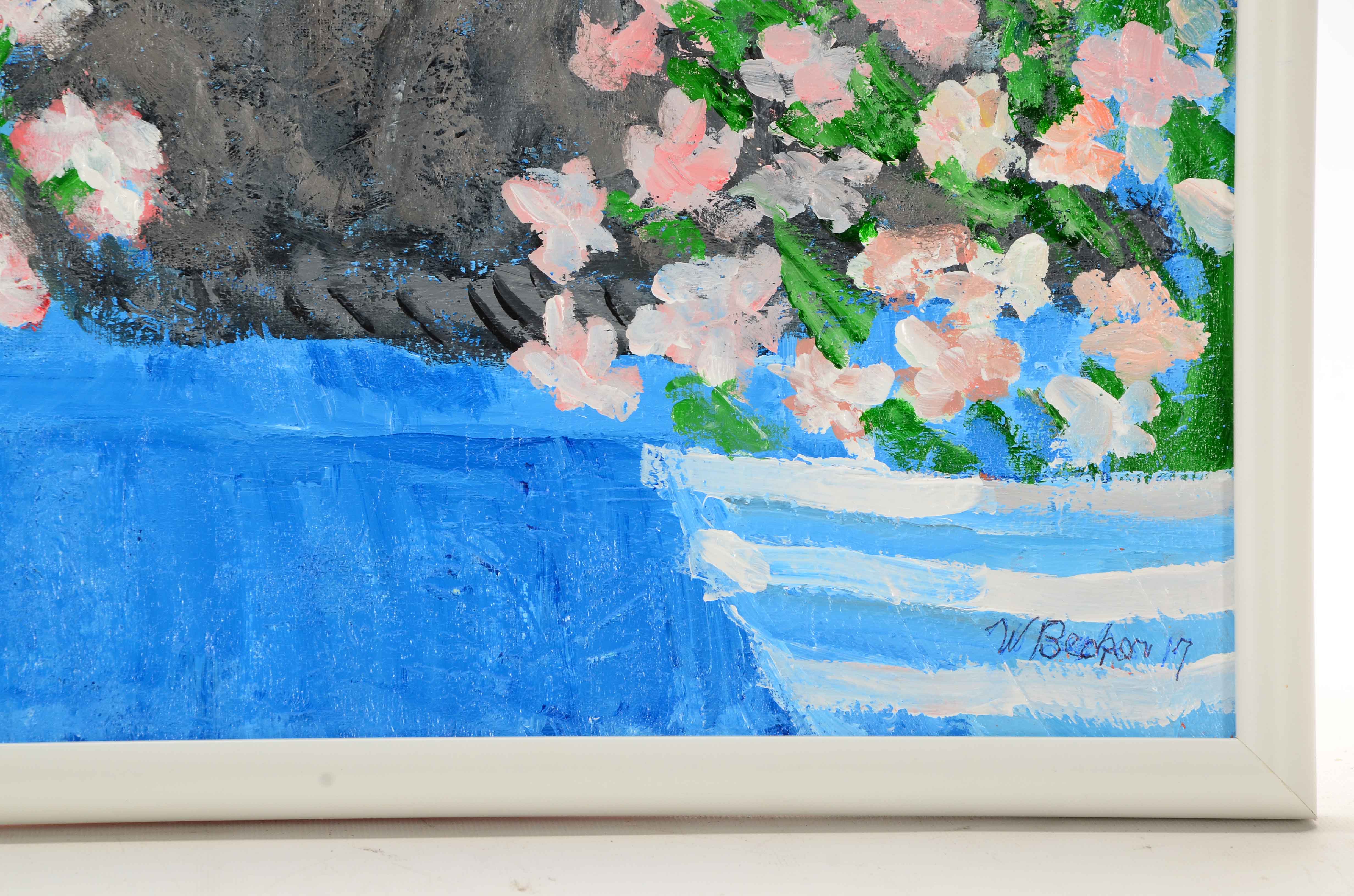 Will Becker Acrylic on Canvas "Cat on a Step with Flower Pots and Flowers"