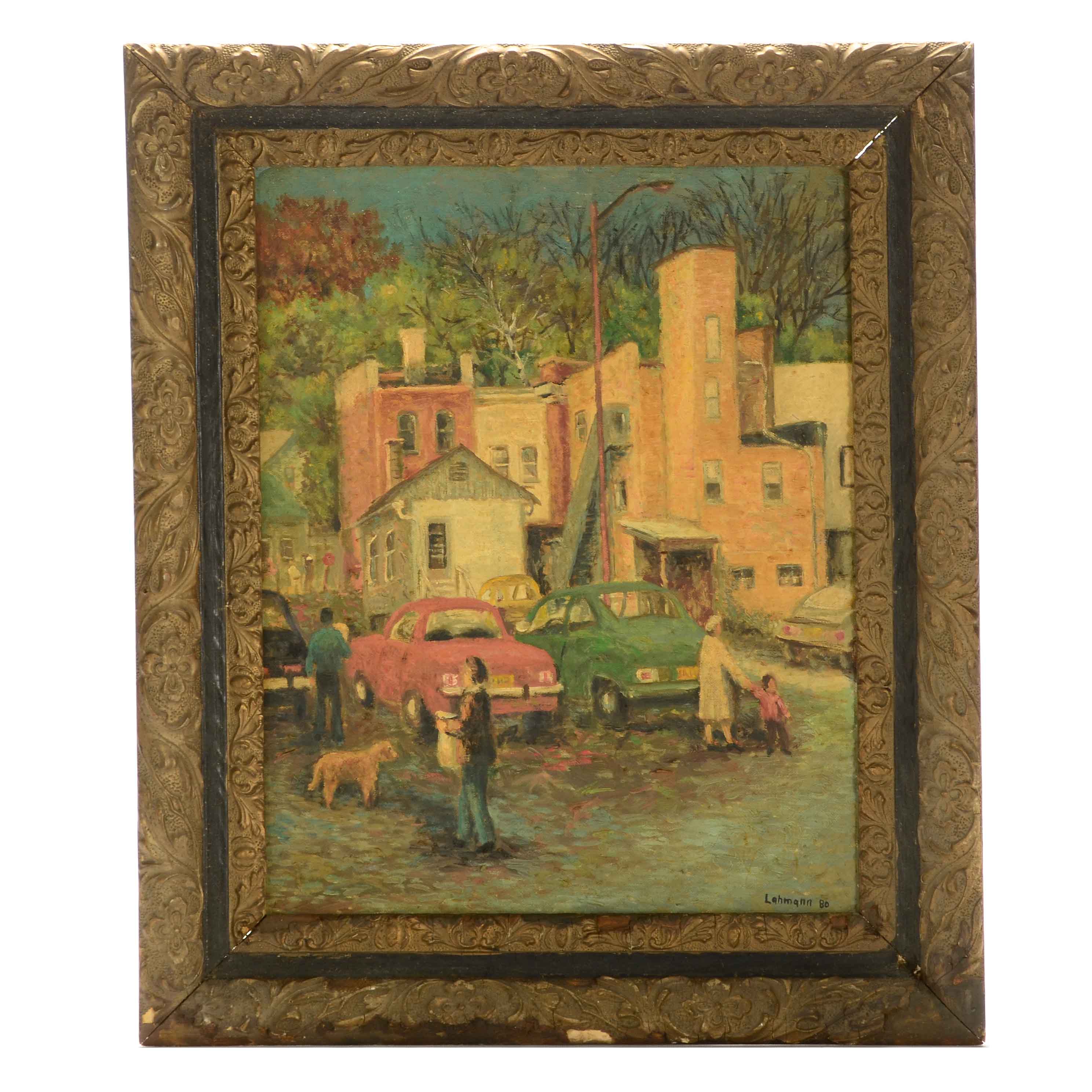 Robert Lahmann Oil on Canvas Board Painting of Townscape