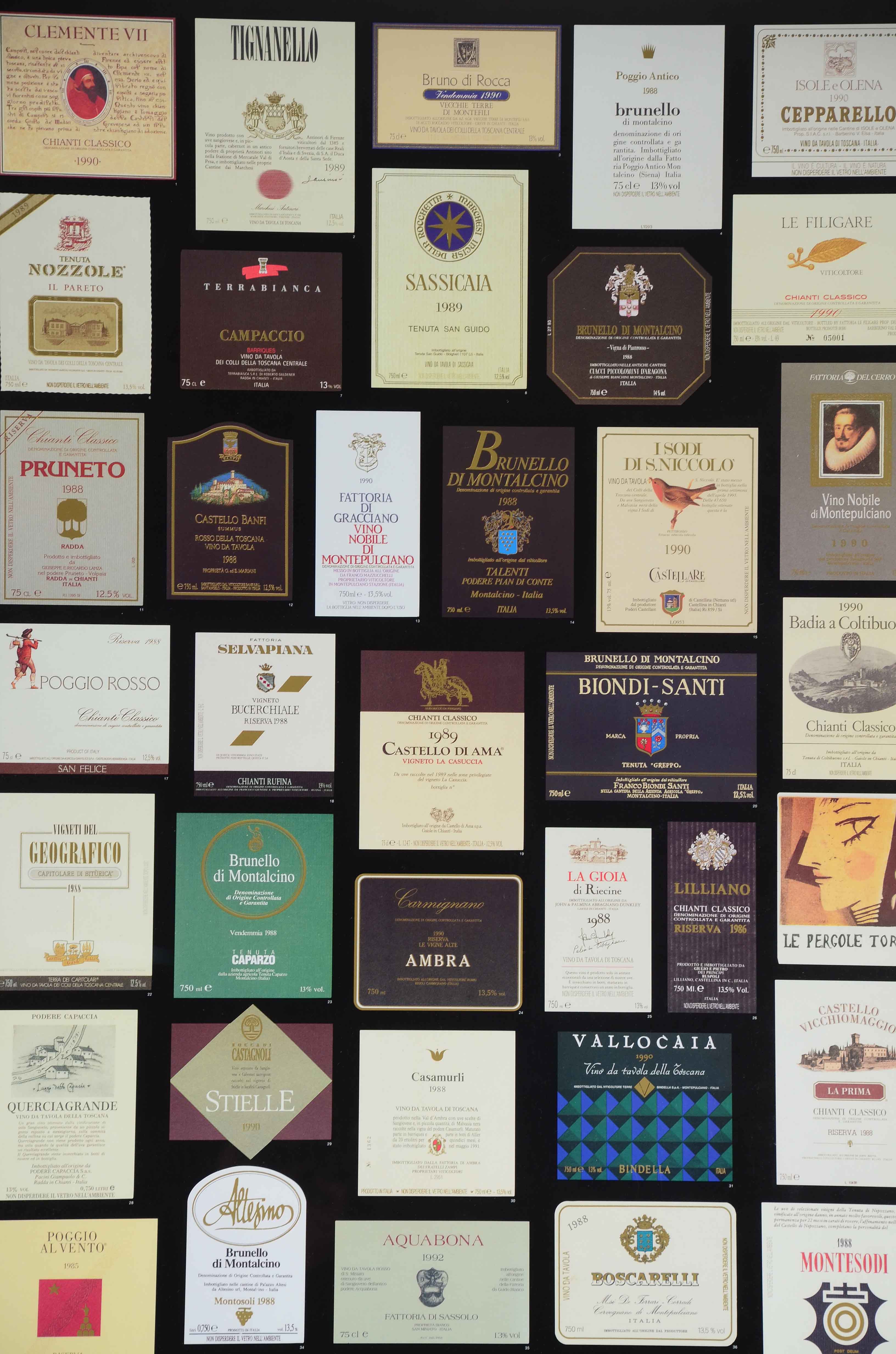 Framed Collection of Wine Labels - "Tuscany's Greatest Red Wines"