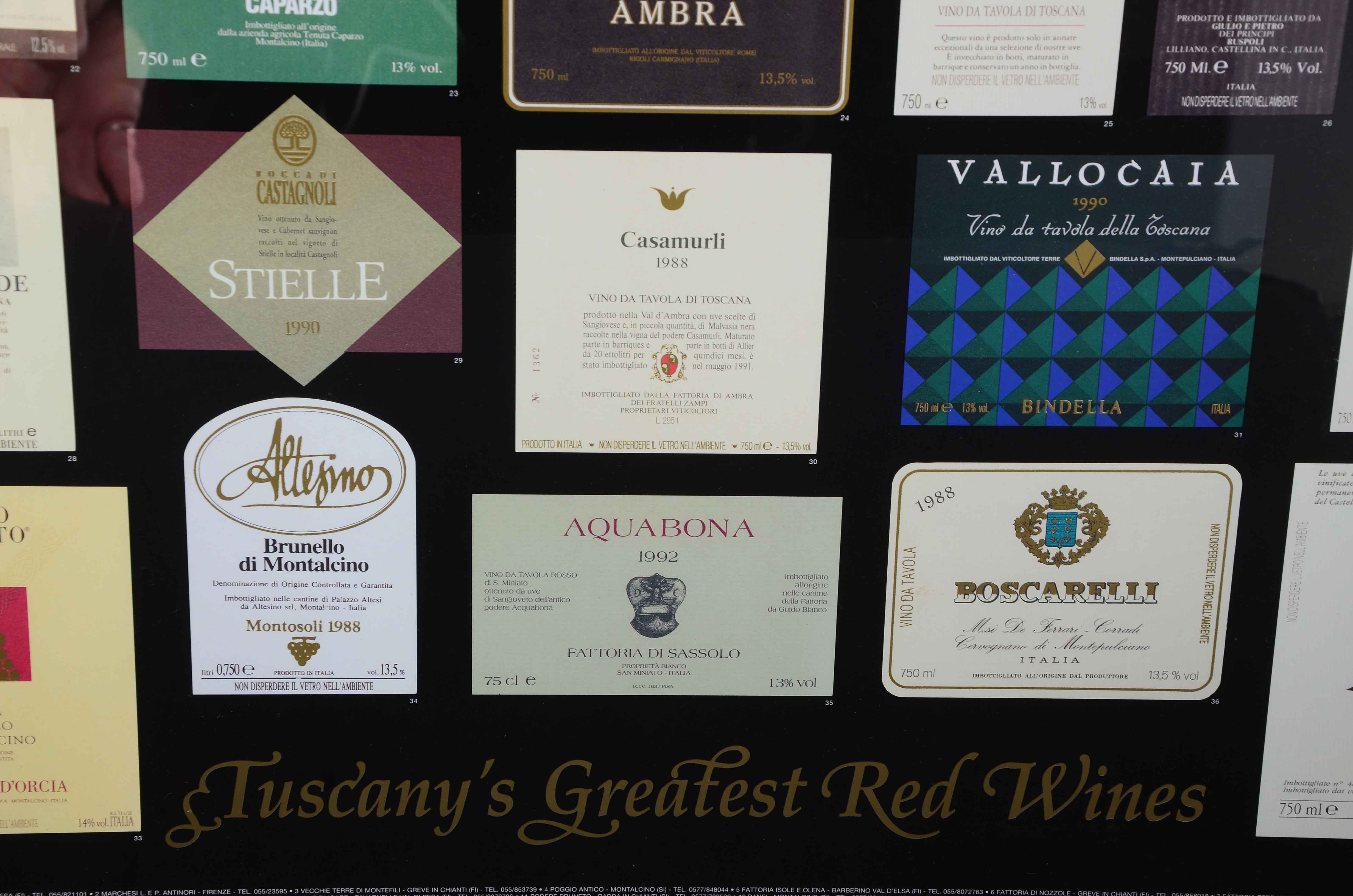 Framed Collection of Wine Labels - "Tuscany's Greatest Red Wines"