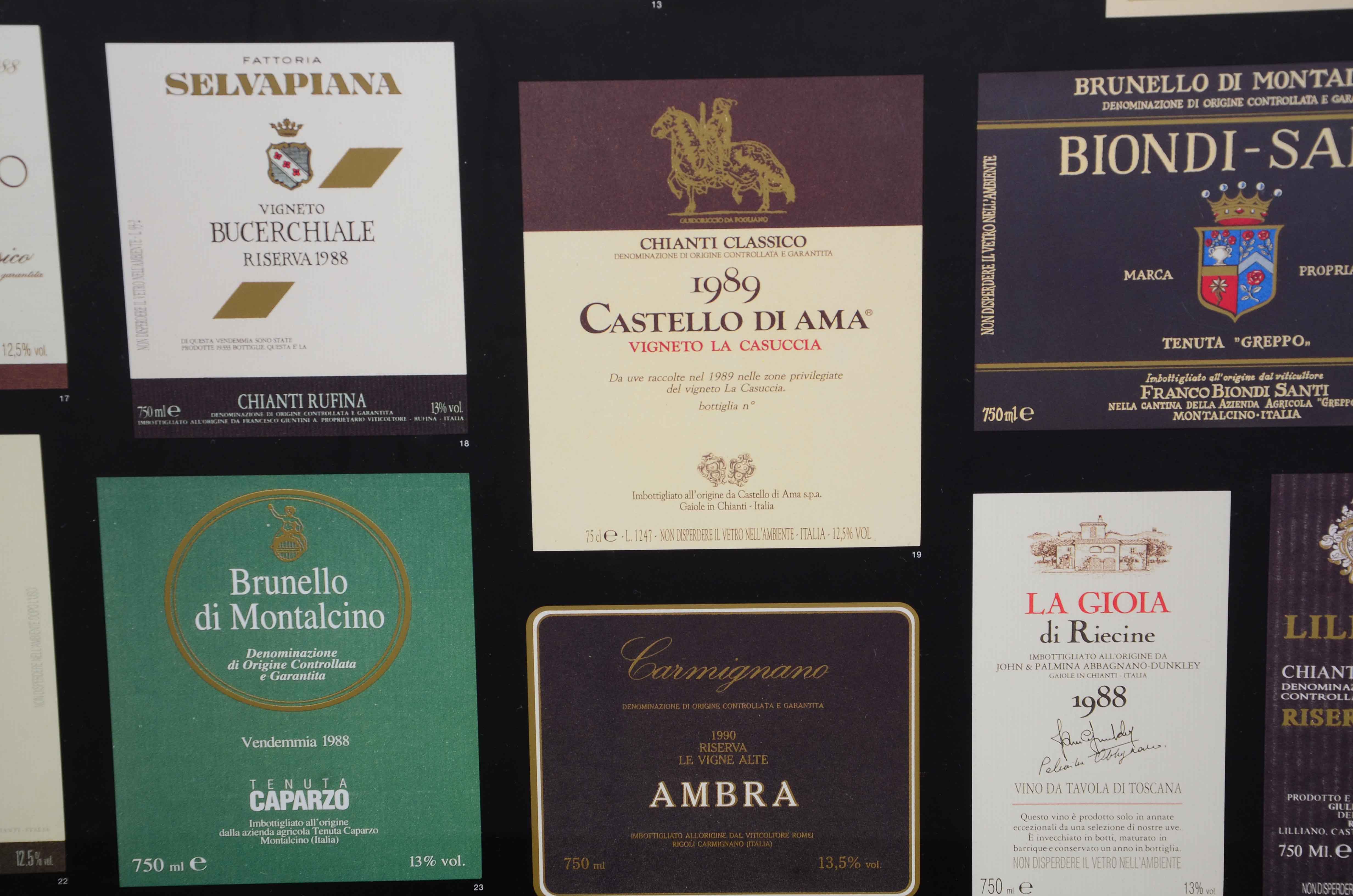 Framed Collection of Wine Labels - "Tuscany's Greatest Red Wines"