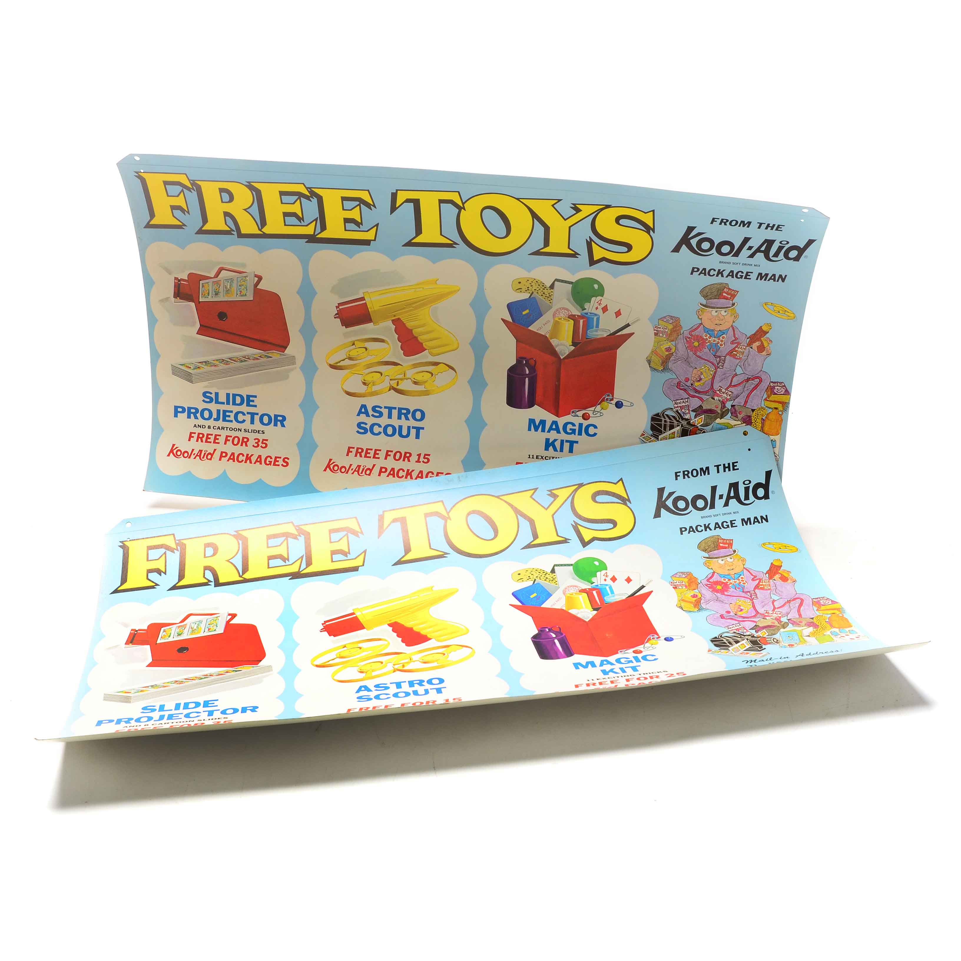 Two 1968 "Kool-Aid" Free Toys Cardboard Signs