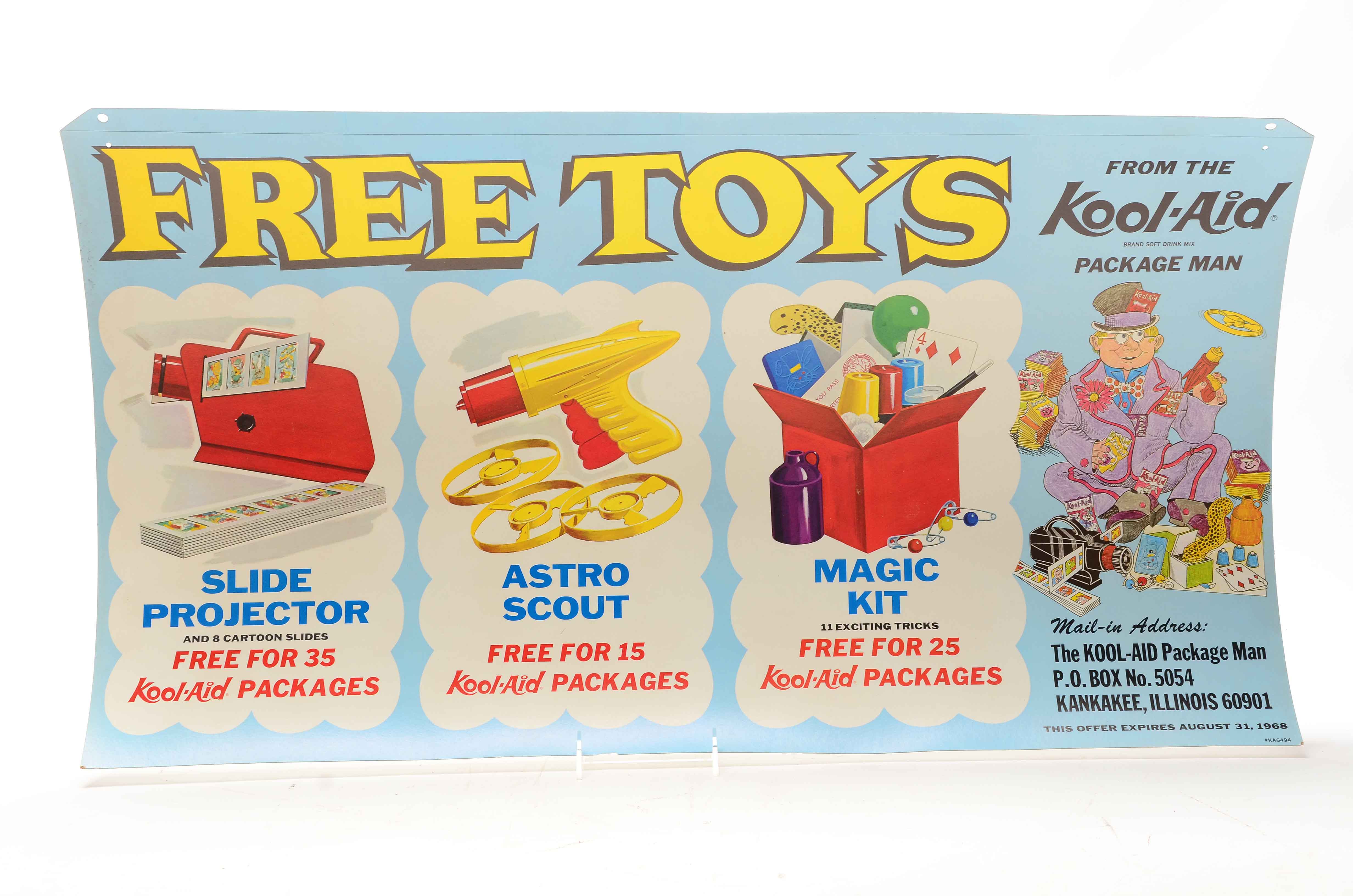Two 1968 "Kool-Aid" Free Toys Cardboard Signs