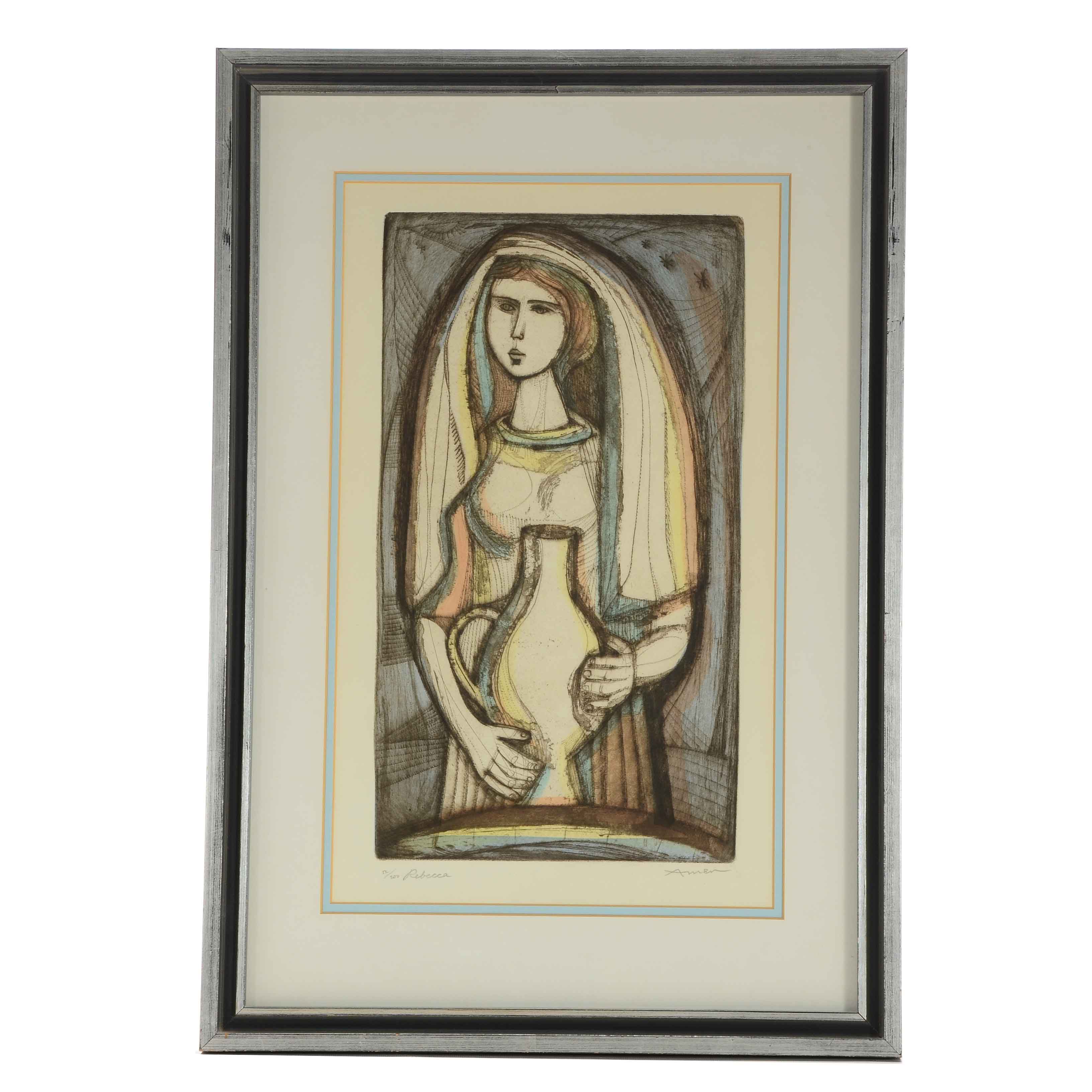 Irving Amen Signed Limited Edition Hand-Colored Mezzotint "Rebecca"