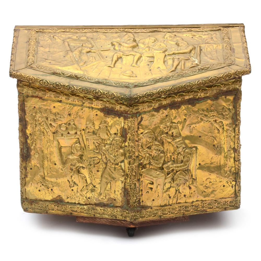 Antique Repousse Brass Relief Fireplace Box