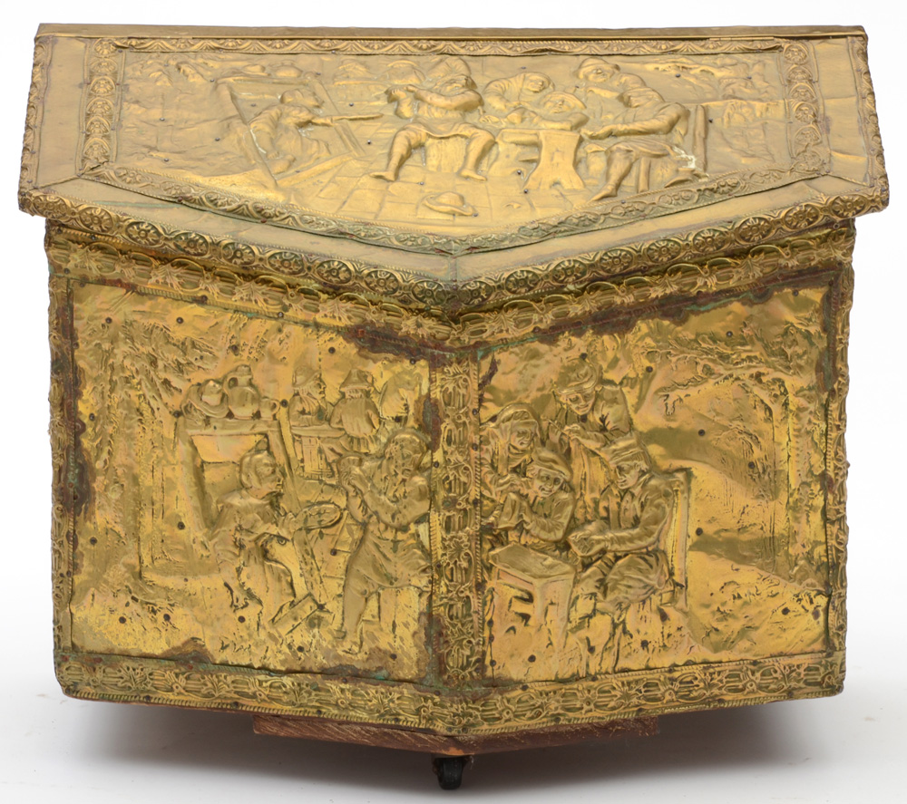 Antique Repousse Brass Relief Fireplace Box