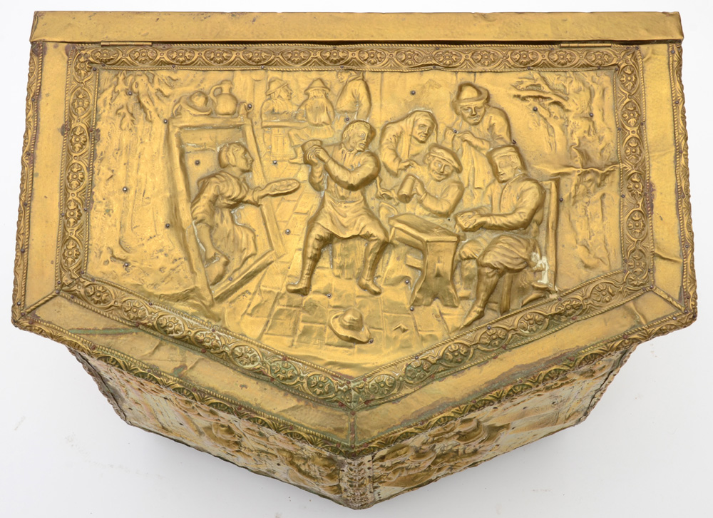 Antique Repousse Brass Relief Fireplace Box