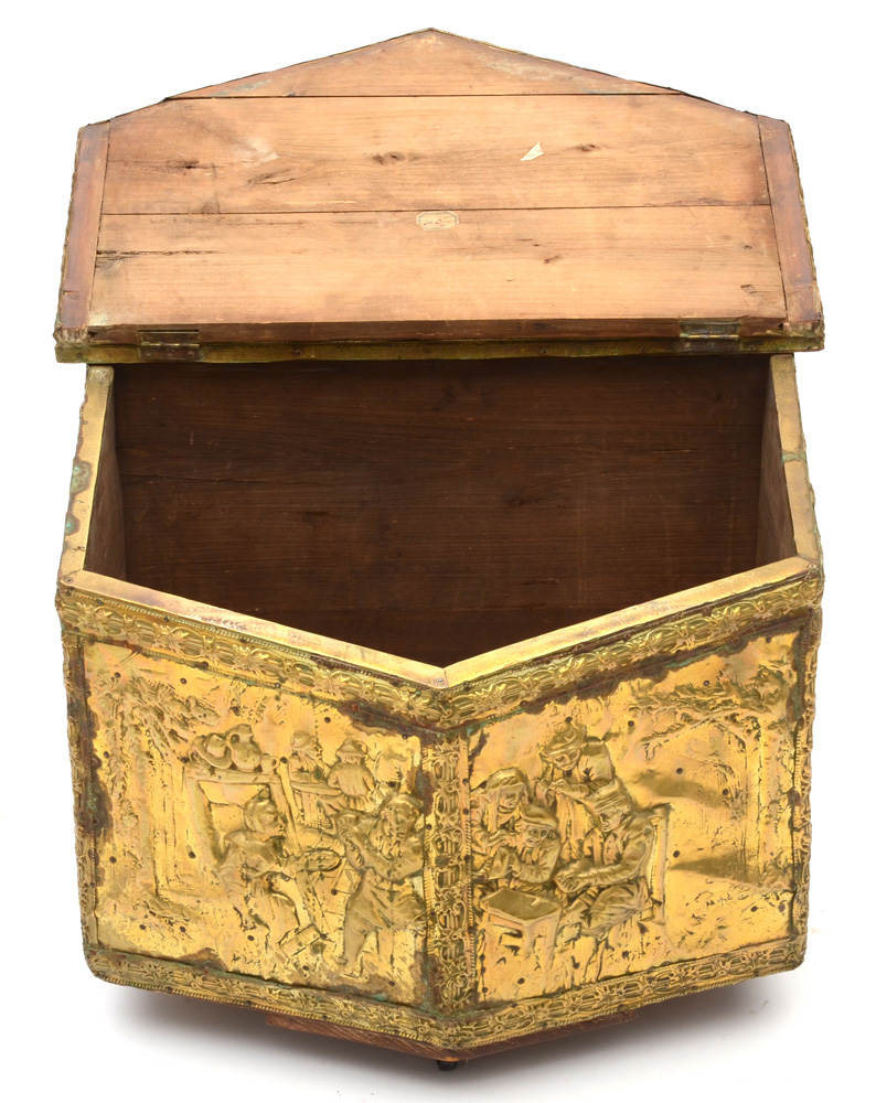 Antique Repousse Brass Relief Fireplace Box