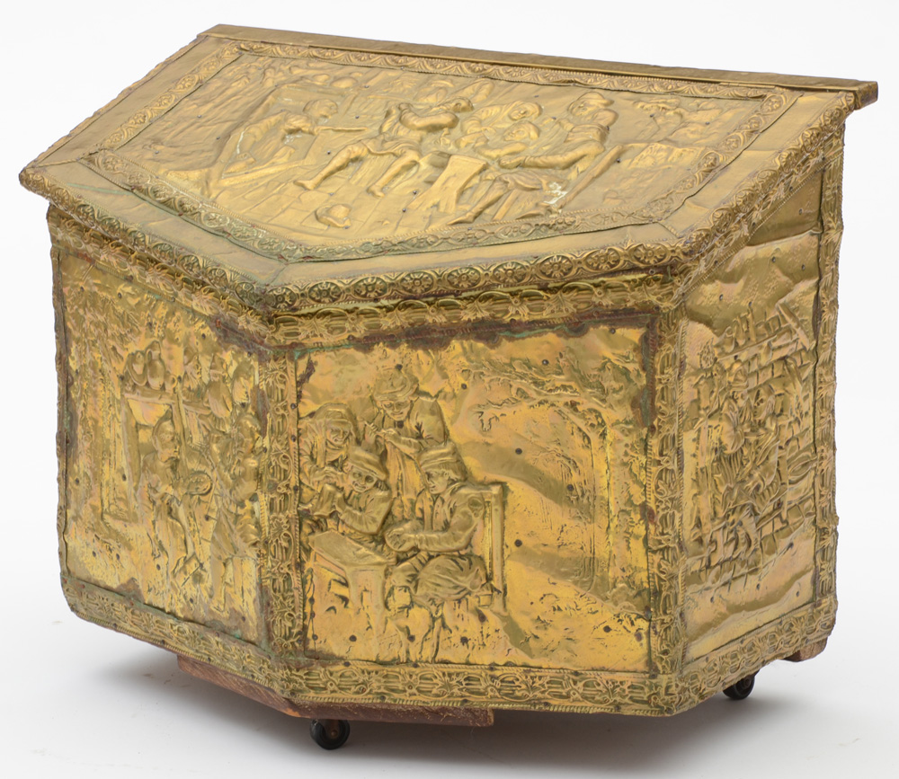 Antique Repousse Brass Relief Fireplace Box