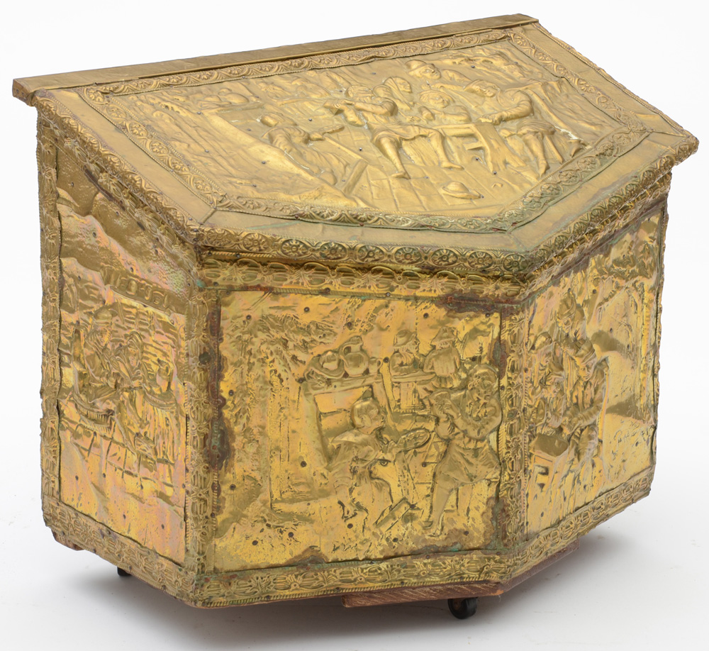 Antique Repousse Brass Relief Fireplace Box