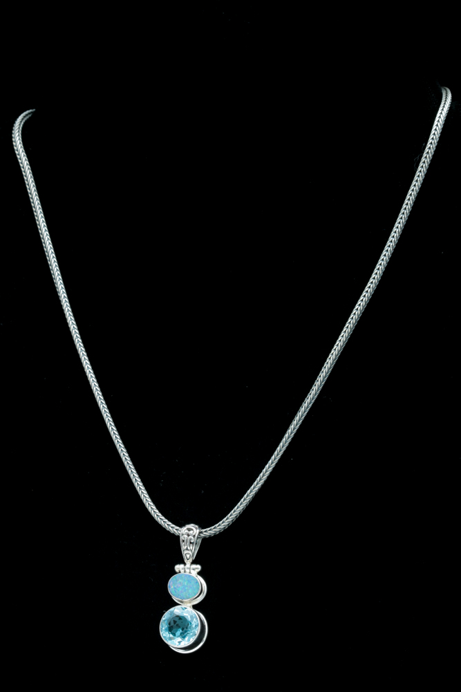 Sterling Silver, Blue Topaz and Opal Doublet Pendant with Robert Manse Chain