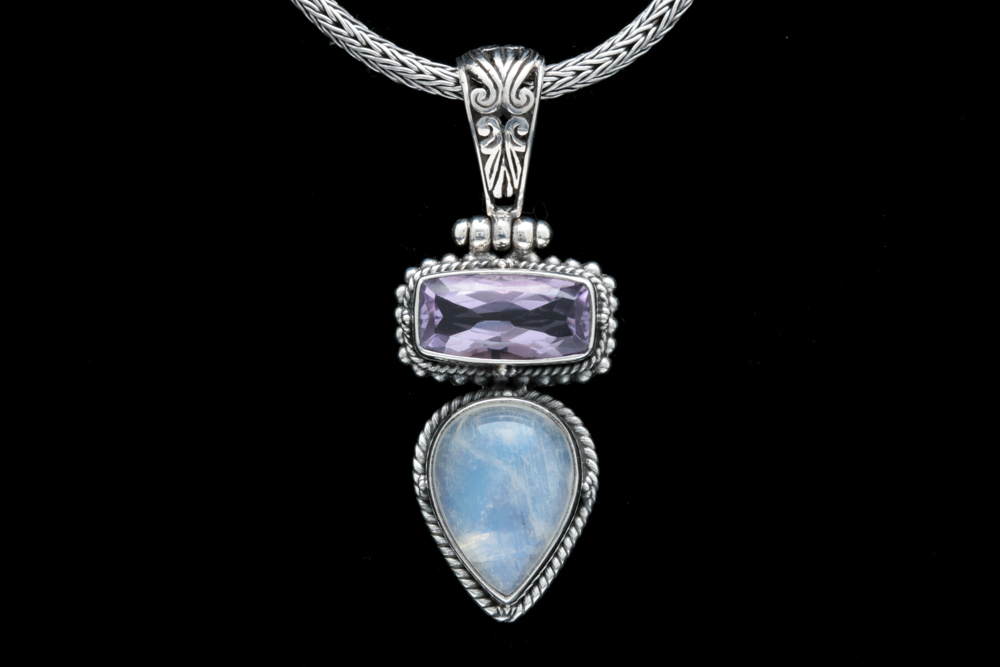 Sterling Silver, Moonstone and Amethyst Pendant with Robert Manse Wheat Chain